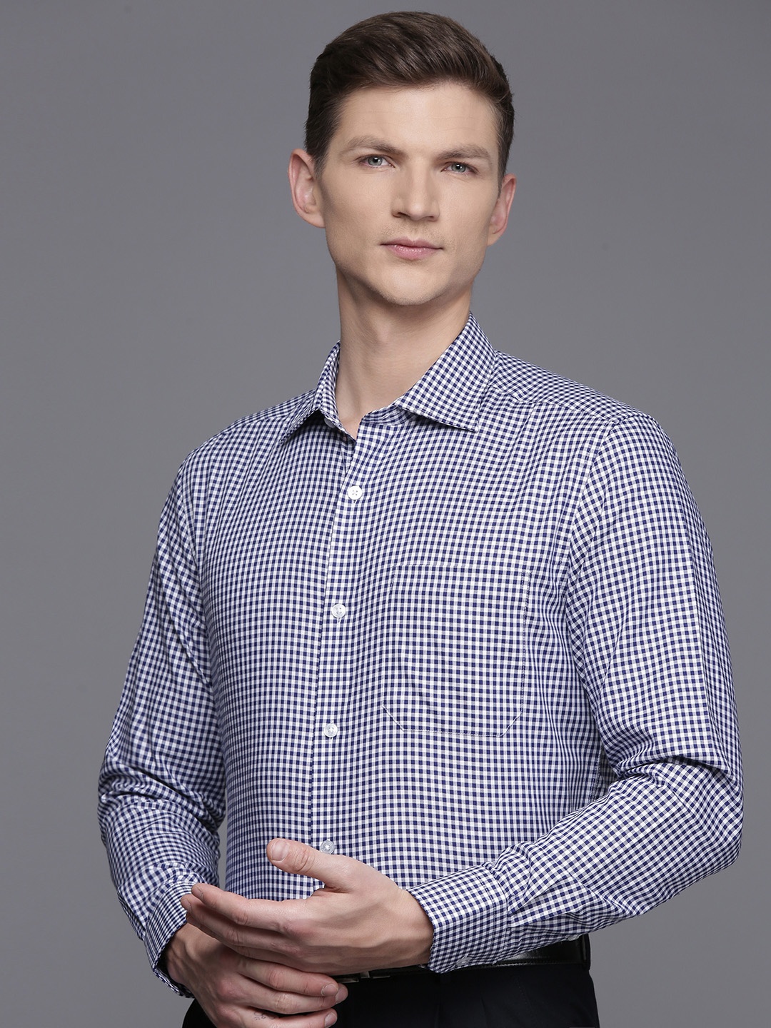 

Louis Philippe Classic Checked Pure Cotton Formal Shirt, Navy blue