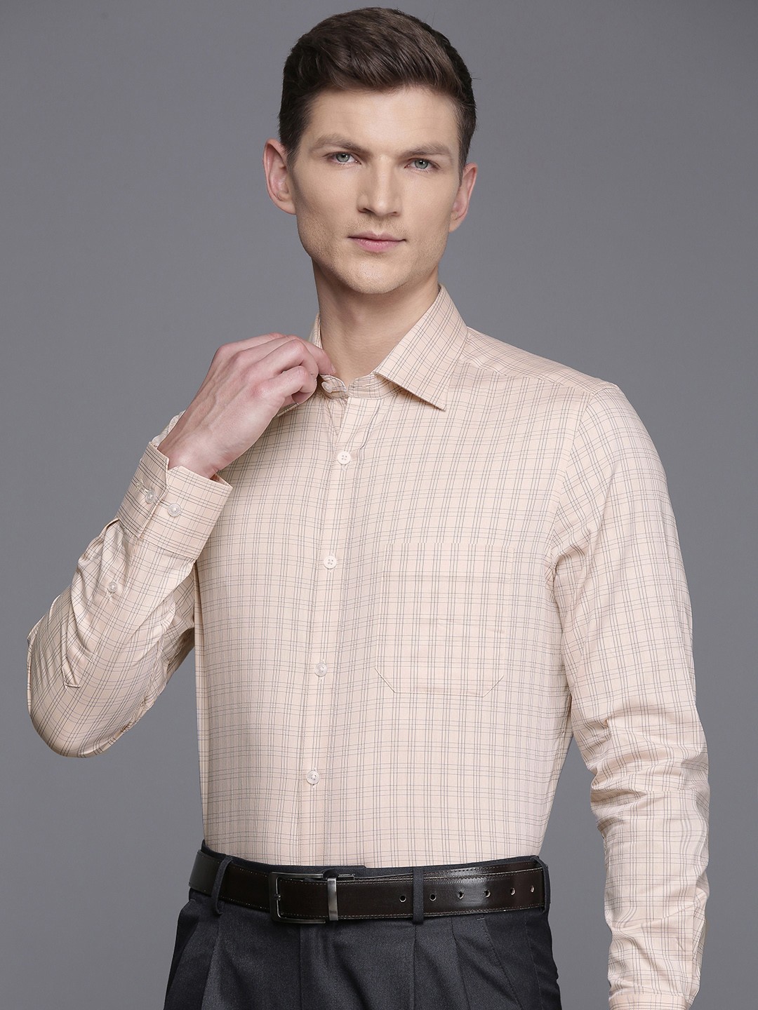 

Louis Philippe Pure Cotton Classic Fit Checked Formal Shirt, Peach