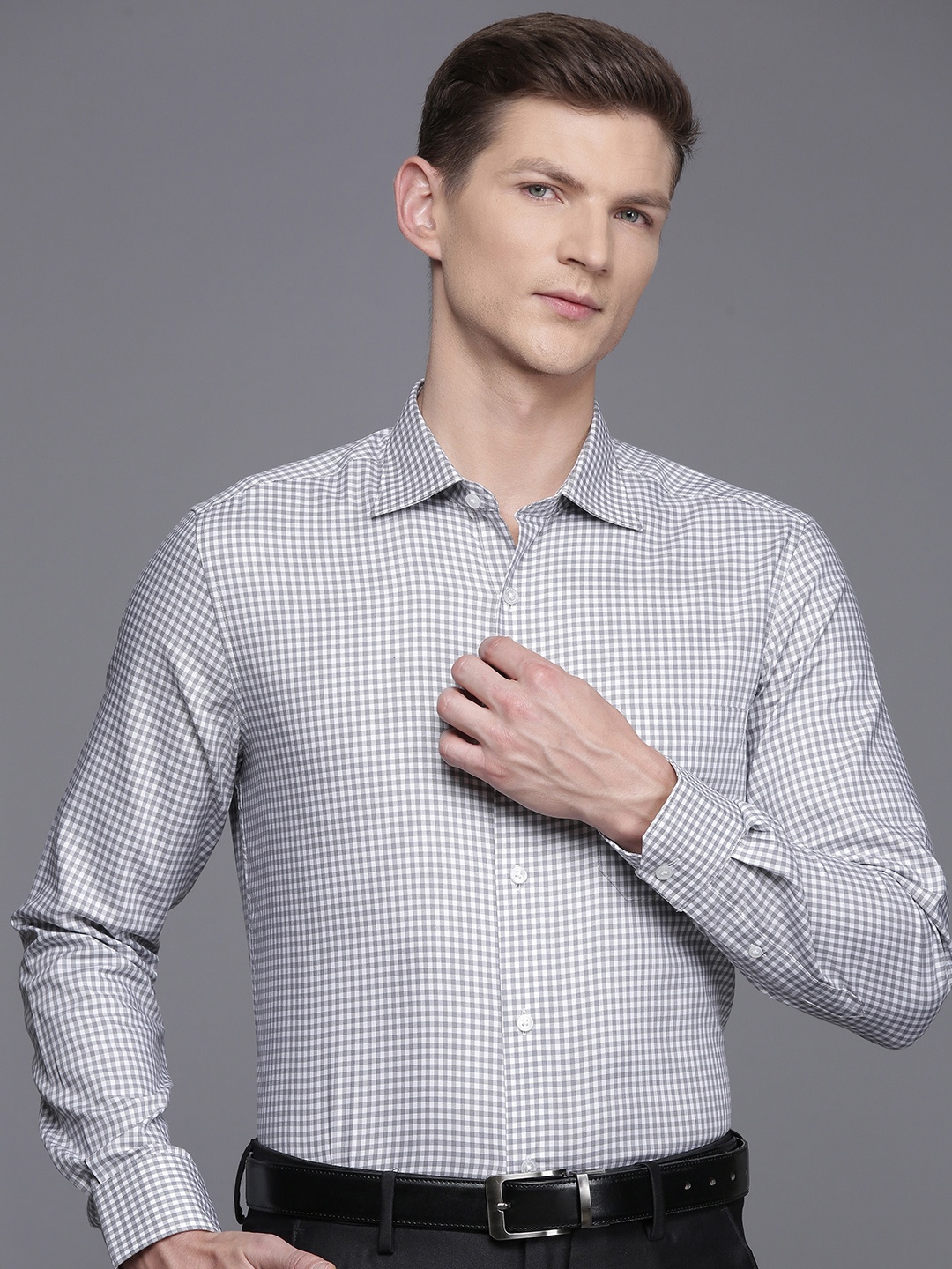 

Louis Philippe Pure Cotton Classic Fit Gingham Checks Opaque Formal Shirt, Grey