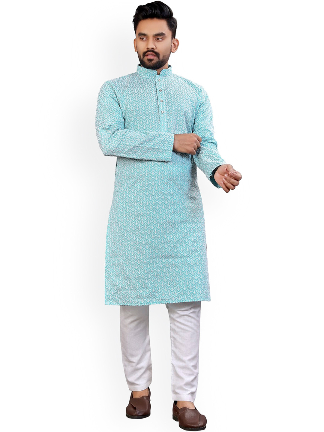 

BAESD Ethnic Motifs Embroidered Thread Work Silk Straight Kurta, Turquoise blue