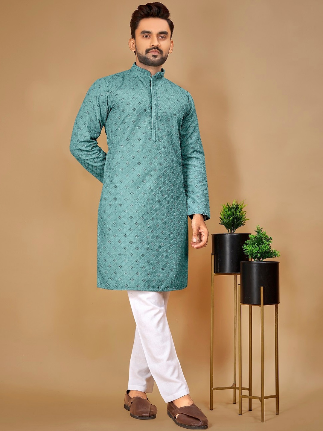 

BAESD Ethnic Motifs Woven Design Straight Pure Silk Straight Kurta, Turquoise blue