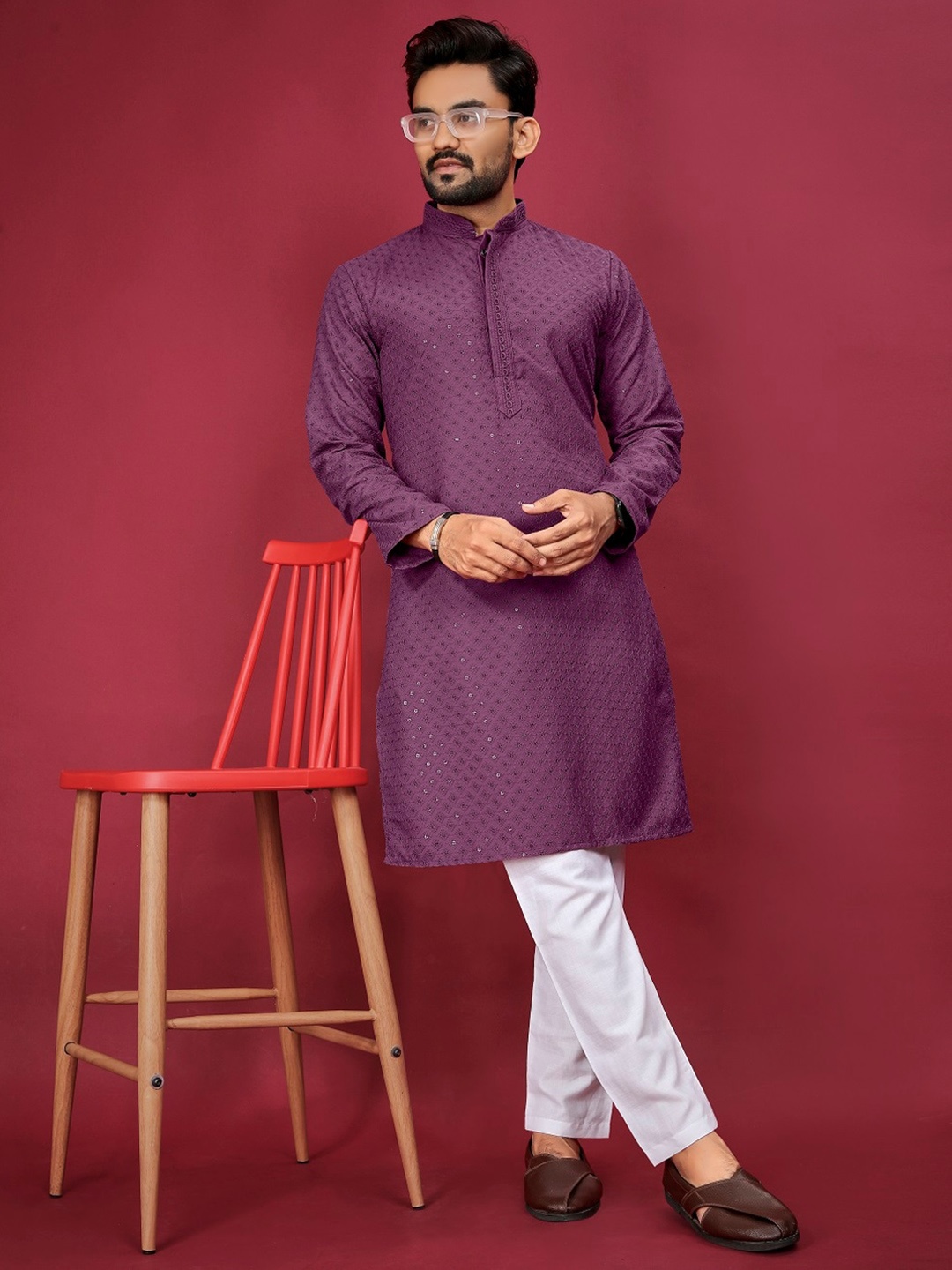 

BAESD Mandarin Collar Pure Silk Straight Kurta, Purple
