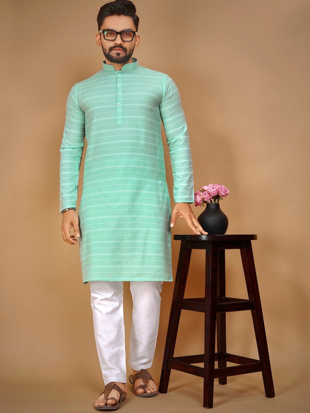 

BAESD Striped Mandarin Collar Long Sleeves Cotton Straight Kurta, Sea green