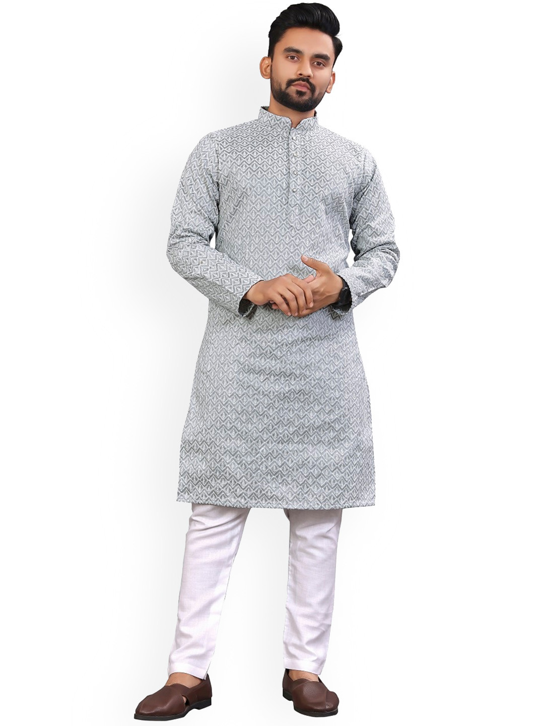

BAESD Ethnic Motifs Embroidered Pure Cotton Straight Kurta, Grey