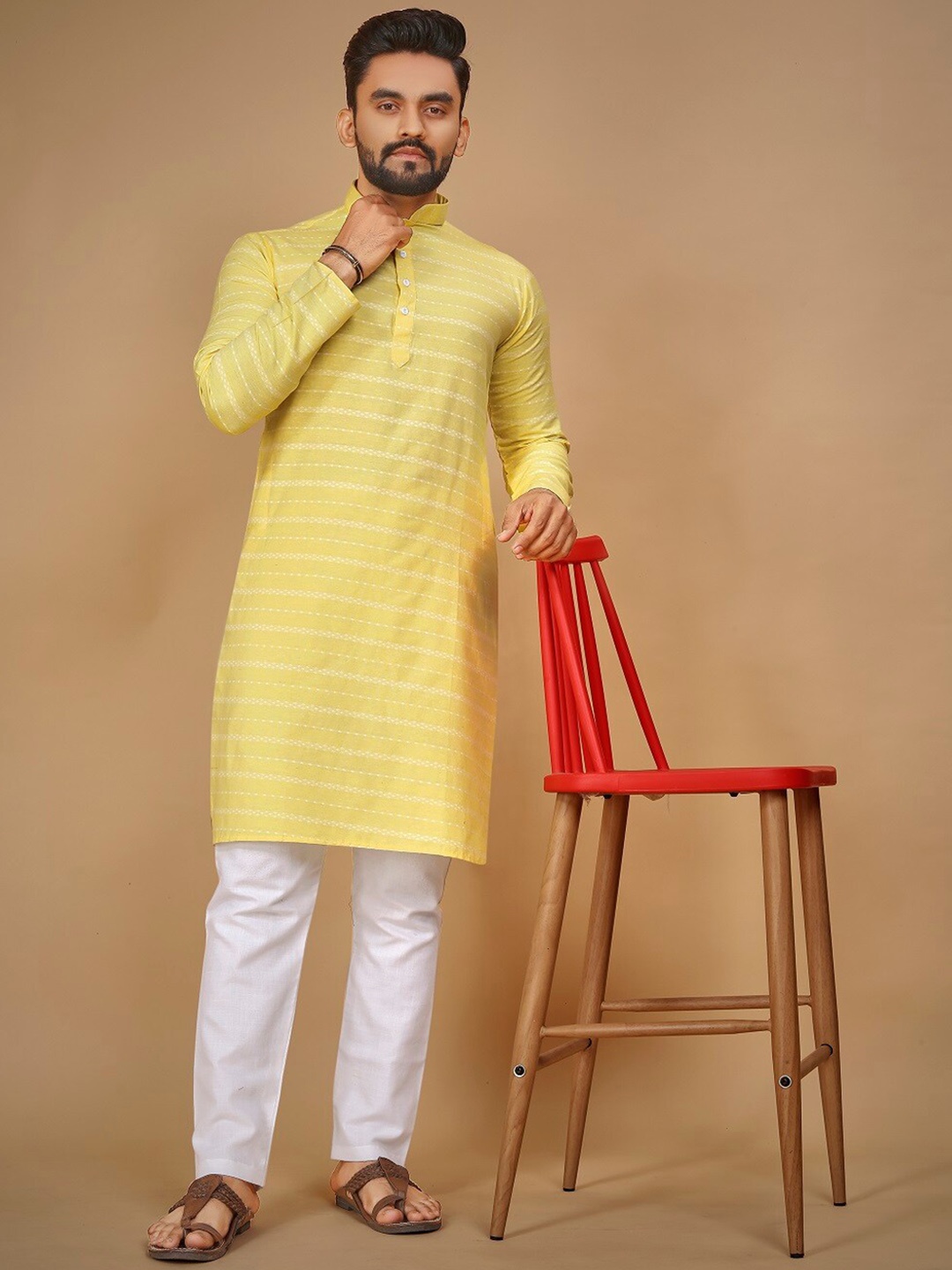 

BAESD Striped Thread Work Cotton Straight Kurta, Yellow