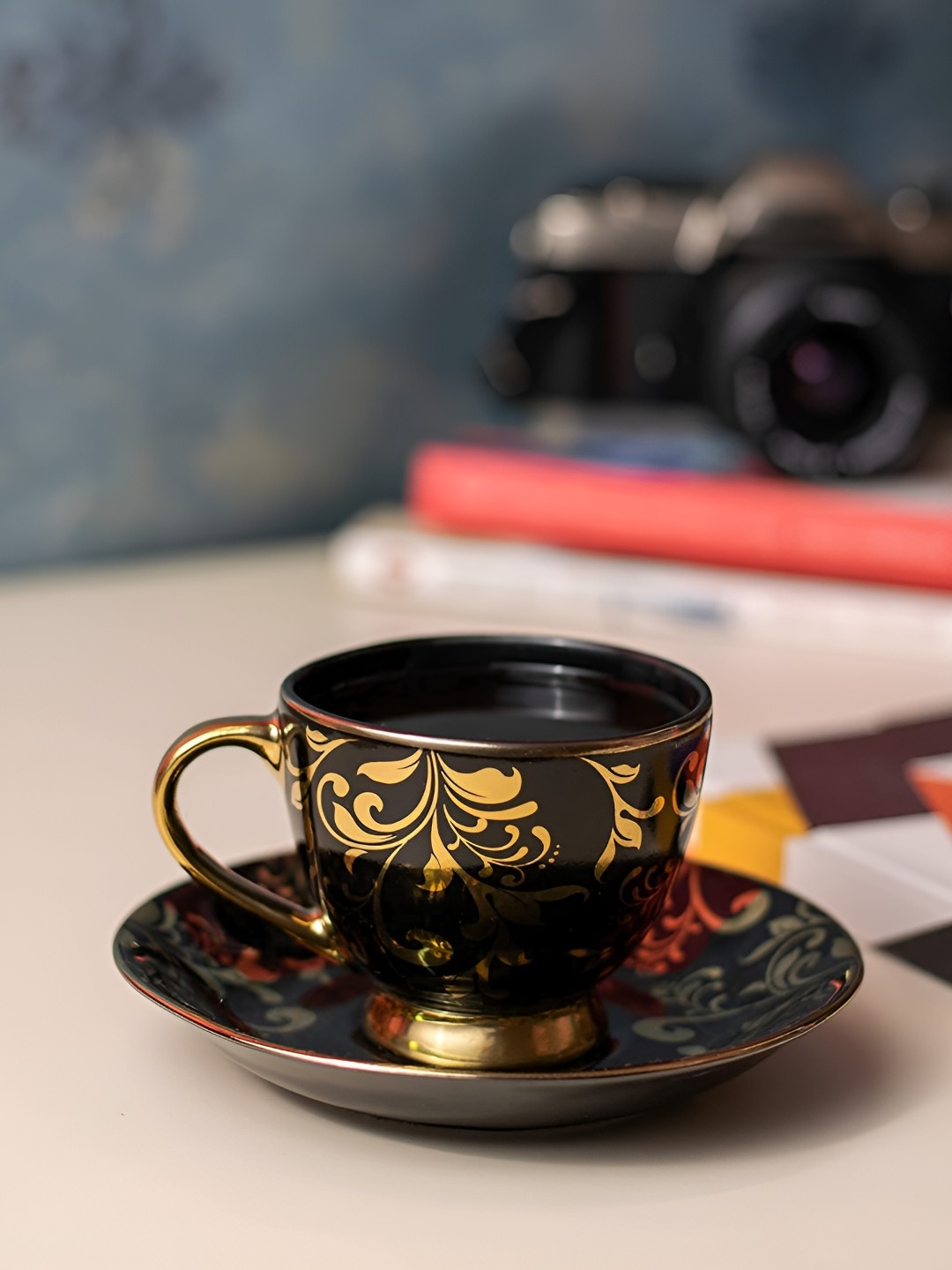 

E-Ezra Black & Beige 12 Pieces Floral Printed Glossy Cups 160 ml
