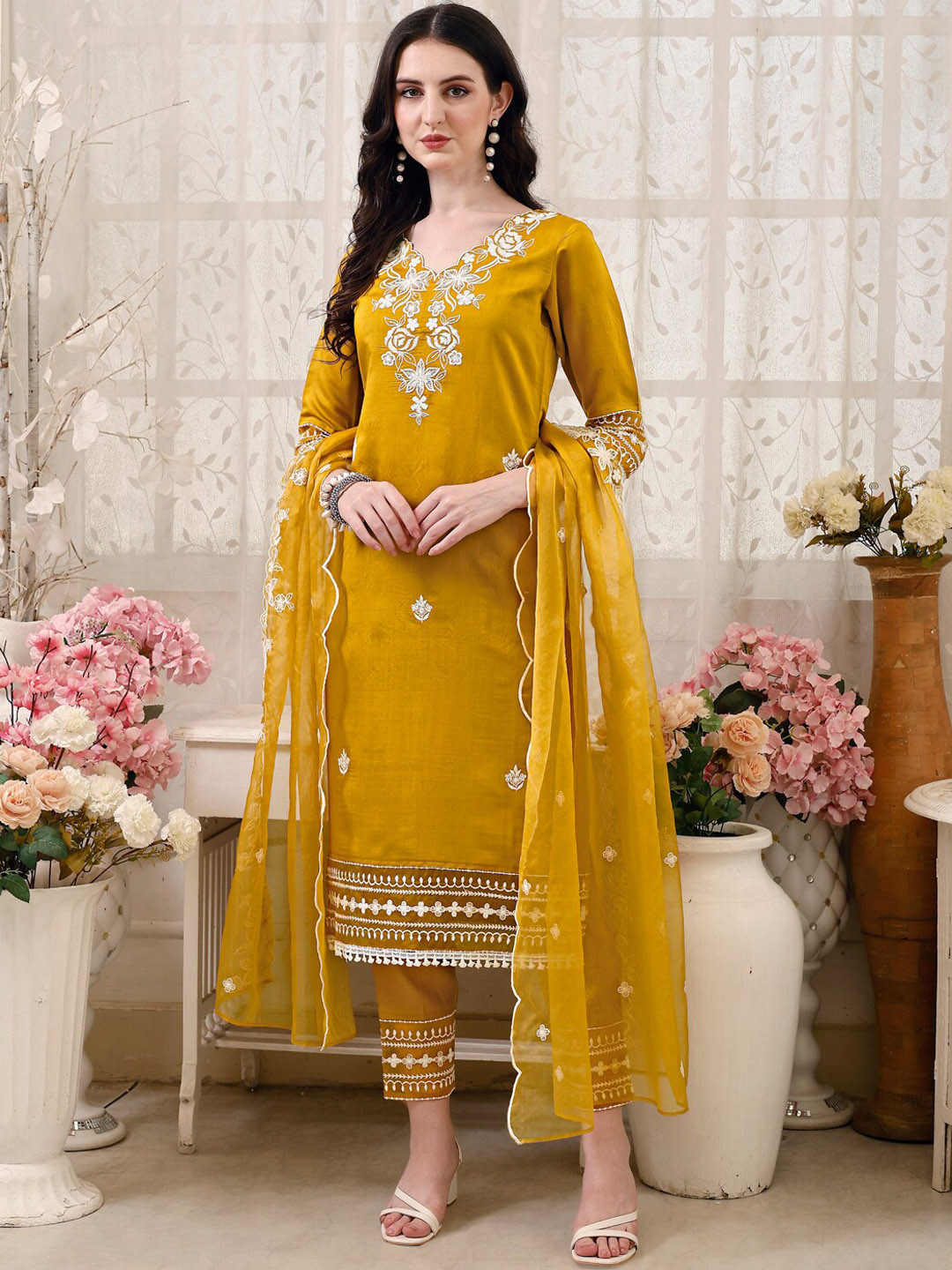 

KALINI Floral Embroidered Thread Work Chanderi Cotton Kurta with Trousers & With Dupatta, Mustard