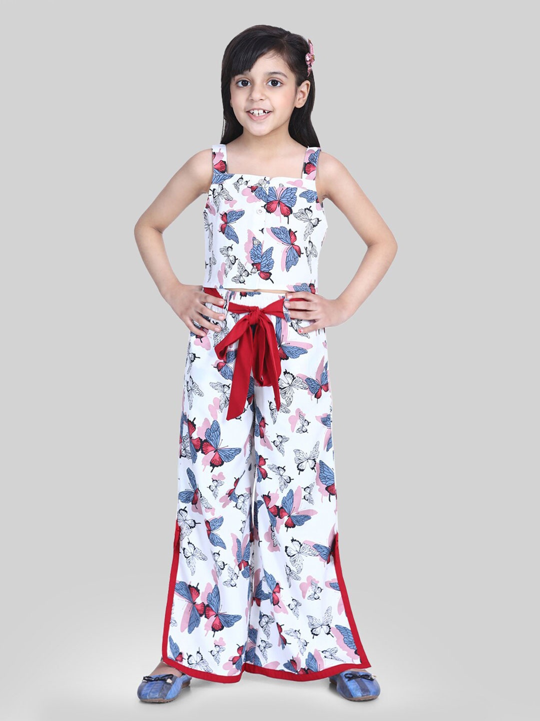 

BAESD Girls Floral Printed Shoulder Straps Crop Top & Palazzo With Belt, White