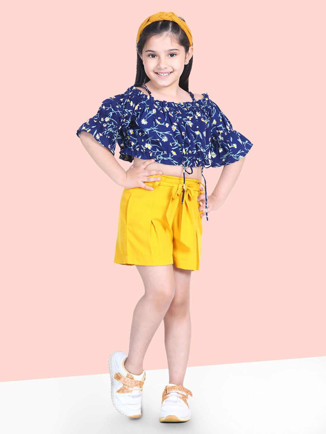 

BAESD Girls Floral Printed Off-Shoulder Crop Top With Shorts, Navy blue