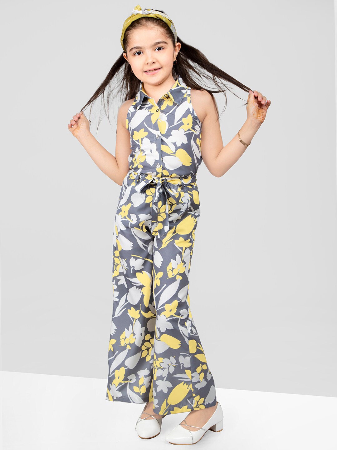 

BAESD Girls Floral Printed Shirt Collar Top & Palazzo With Belt, Grey