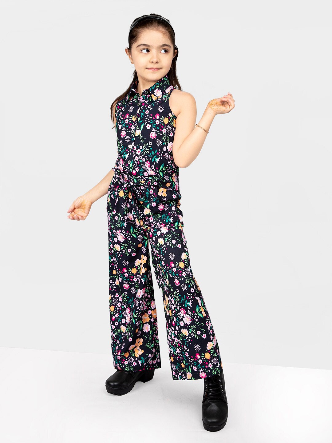 

BAESD Girls Floral Printed Shirt Collar Top & Palazzo With Belt, Black