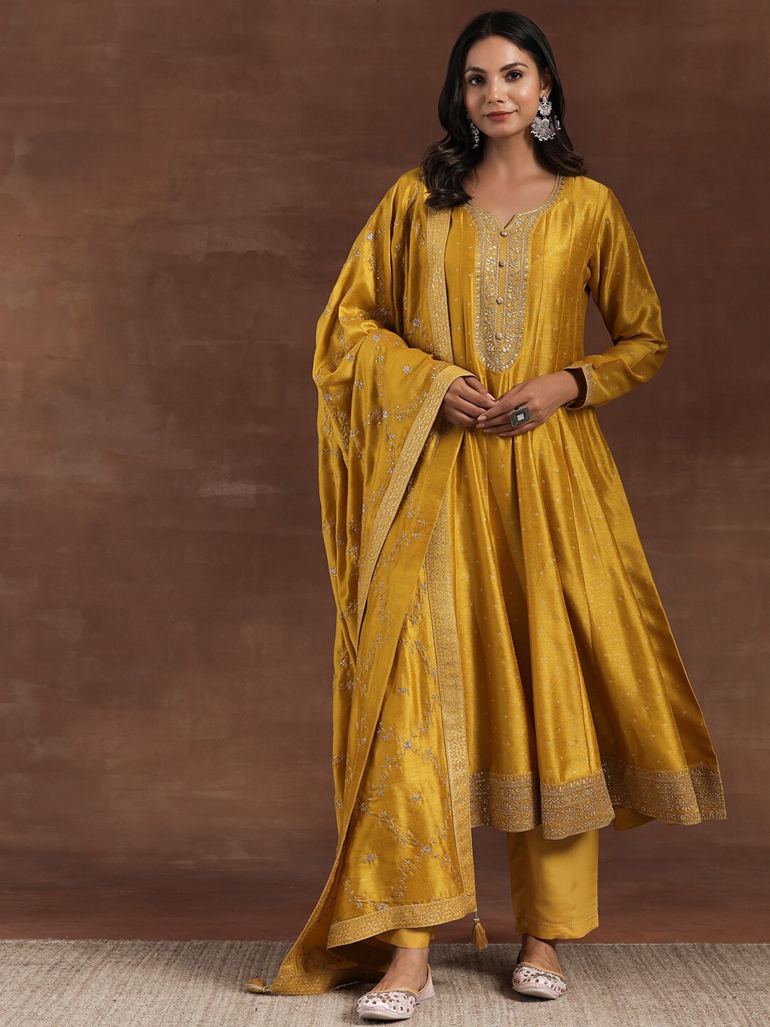 

Libas Women Floral Embroidered Panelled Kurta with Palazzos & With Dupatta, Mustard