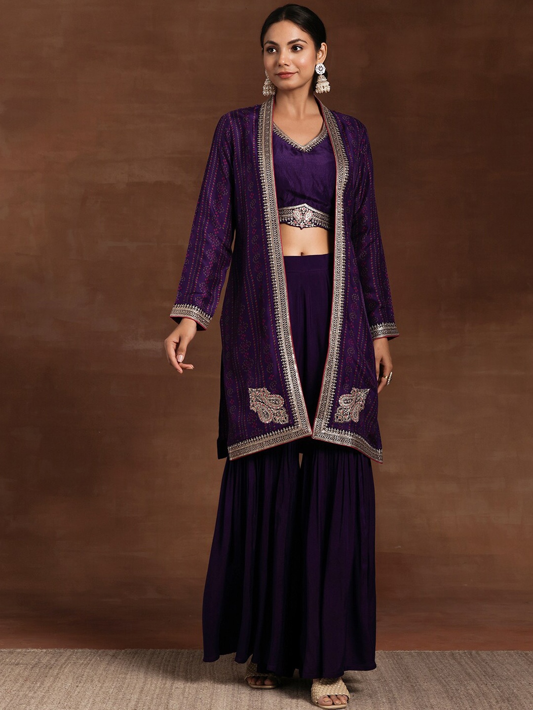 

Libas Embroidered V-Neck Top, Shrug & Palazzos Co-Ords, Purple