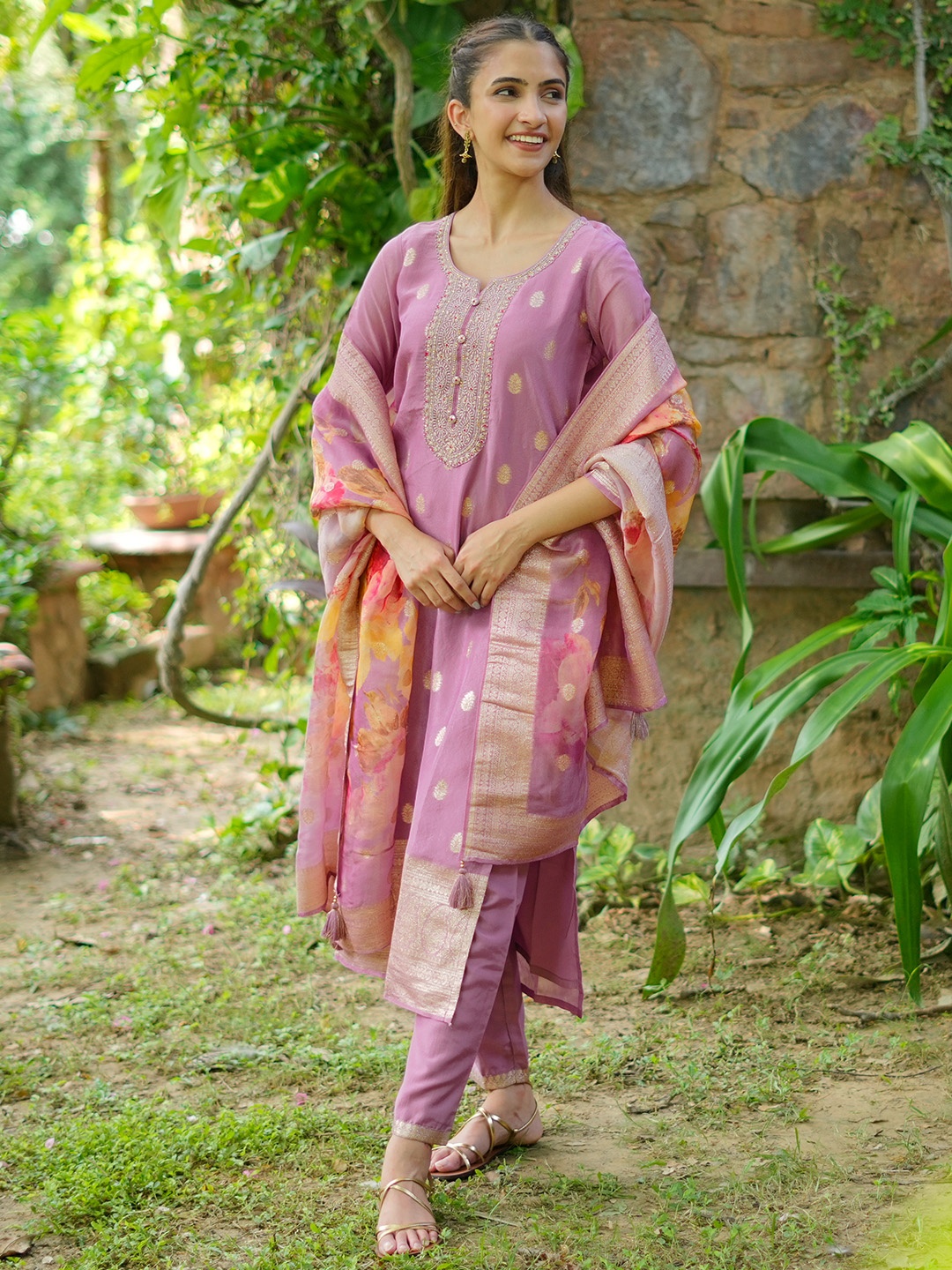 

Libas Floral Printed Regular Kurta with Palazzos & With Dupatta, Mauve