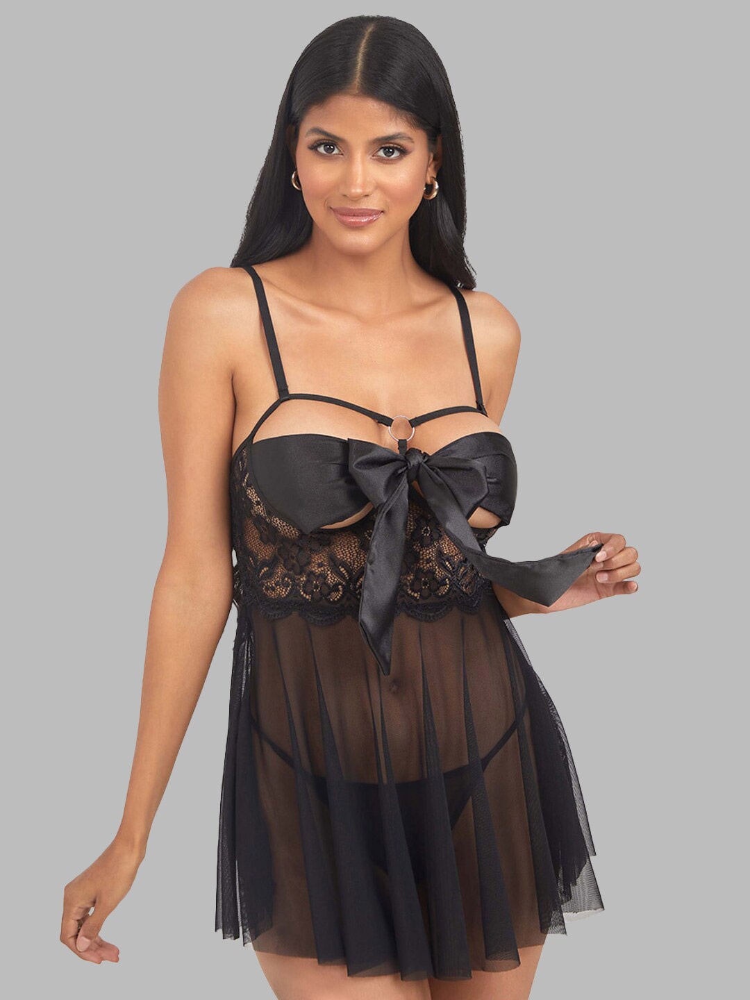 

KRENOZ Shoulder Strap Net Baby Doll, Black