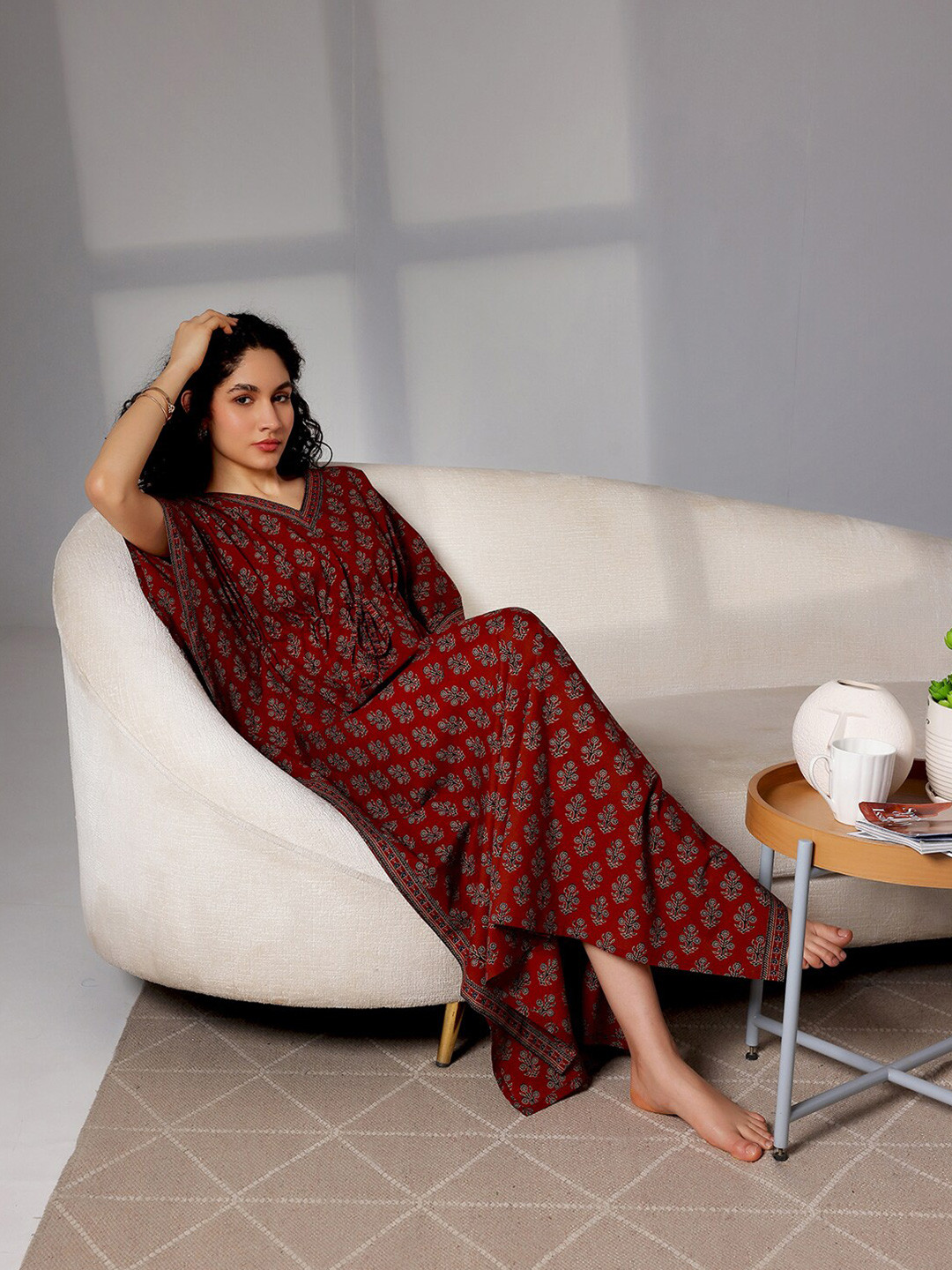 

Libas Maroon Ethnic Motifs Printed V-Neck Pure Cotton Kaftan Maxi Nightdress