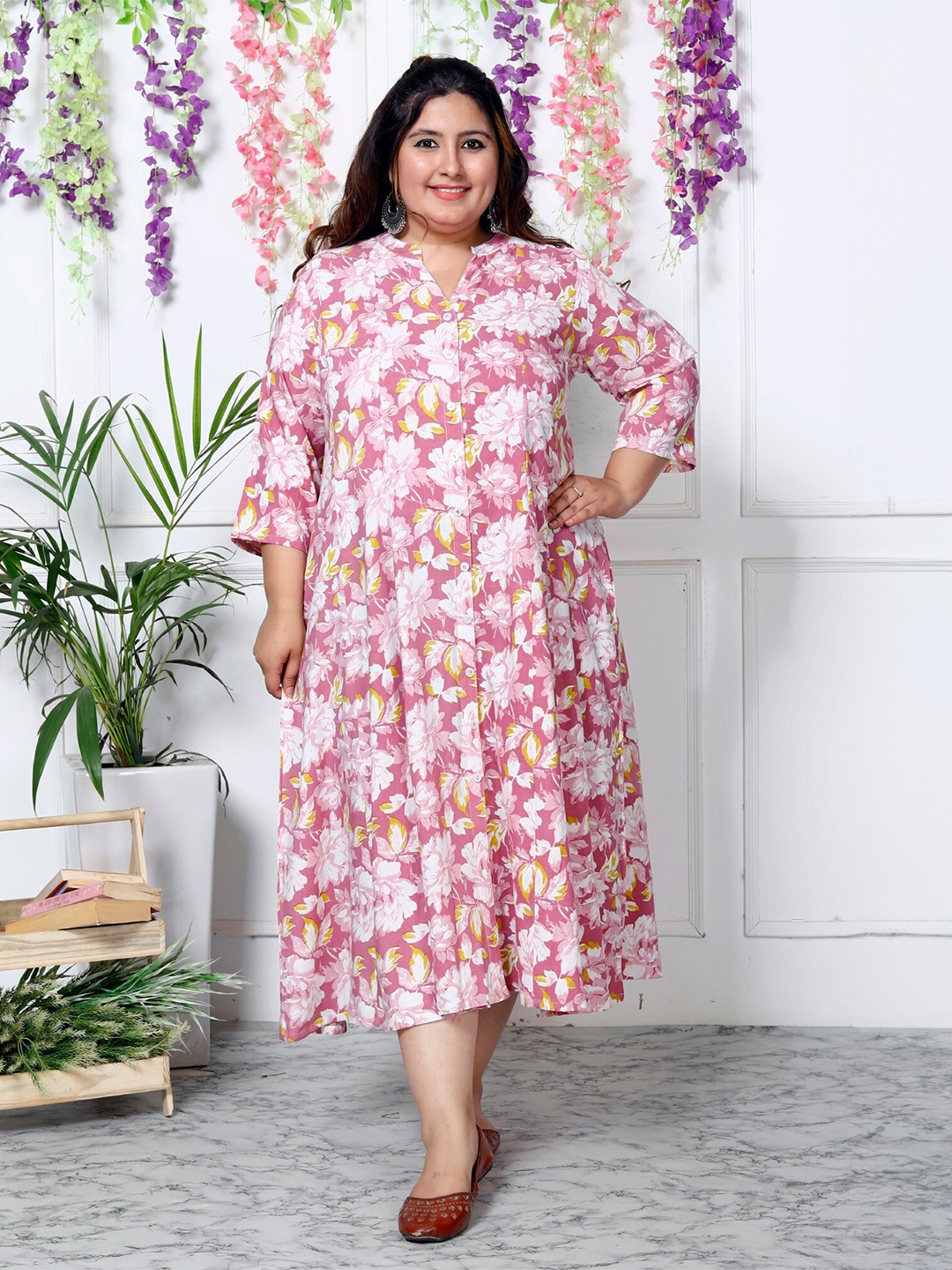 

KALINI Floral Printed Mandarin Collar Curved Knee Length A-Line Dress, Purple