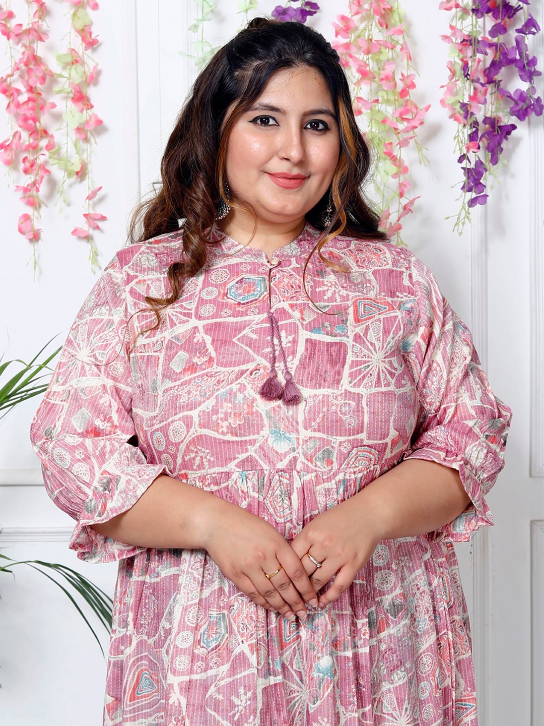 

KALINI Floral Printed Tie-Up Neck Flared Above Knee Fit & Flare Dress, Pink