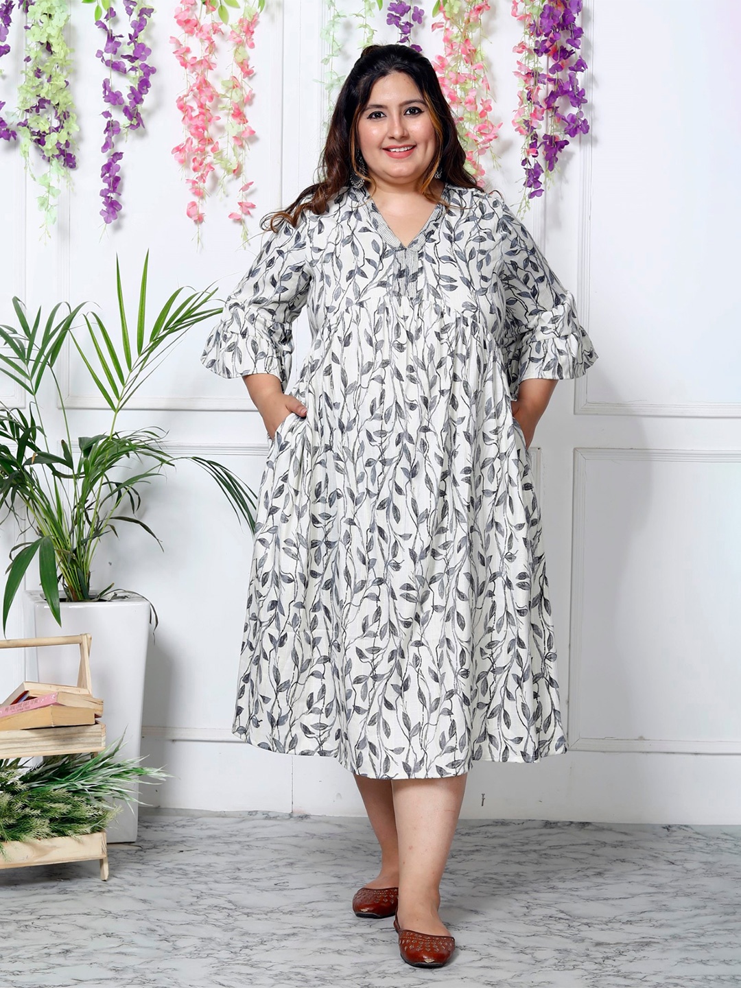 

KALINI Floral Printed Flared Shirt Collar A-Line Midi Dress, Black