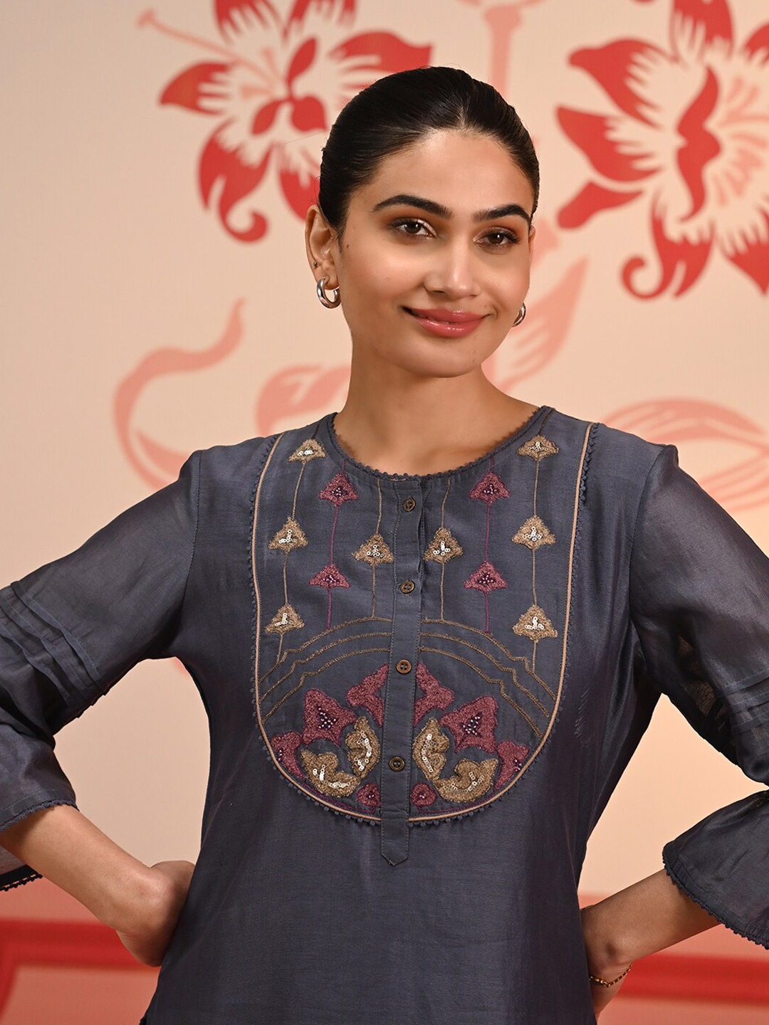 

Lakshita Floral Embroidered Round Neck Chanderi Regular Top, Grey