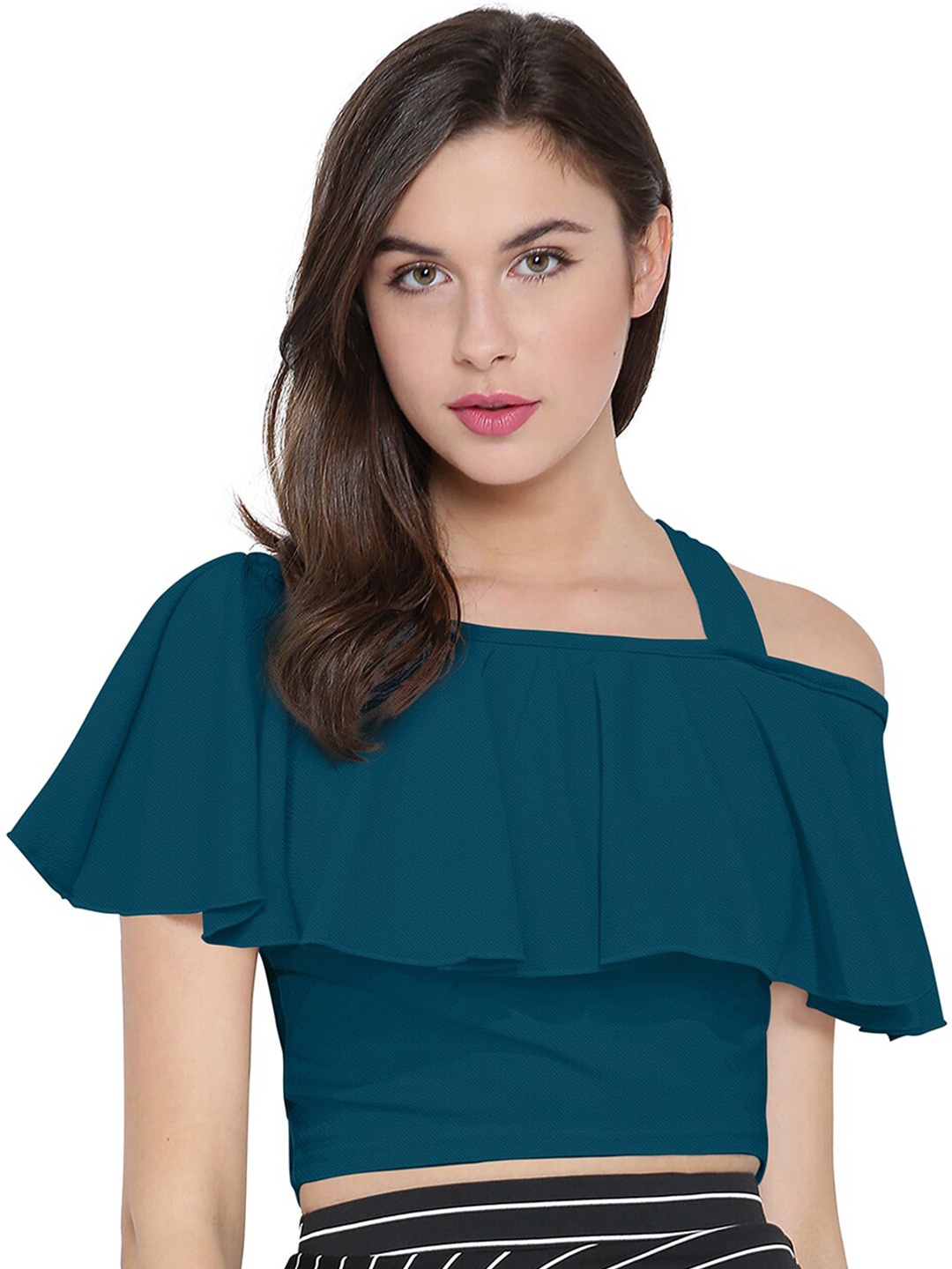 

BAESD Shoulder Straps Cold-Shoulder Sleeves Bardot Crop Top, Teal