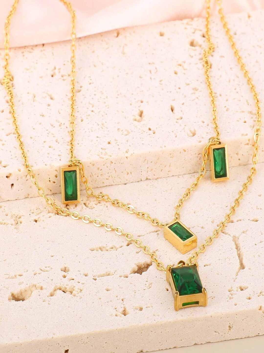 

VAGHBHATT Gold-Plated Stainless Steel Emerald-Studded Two-Layer Necklace