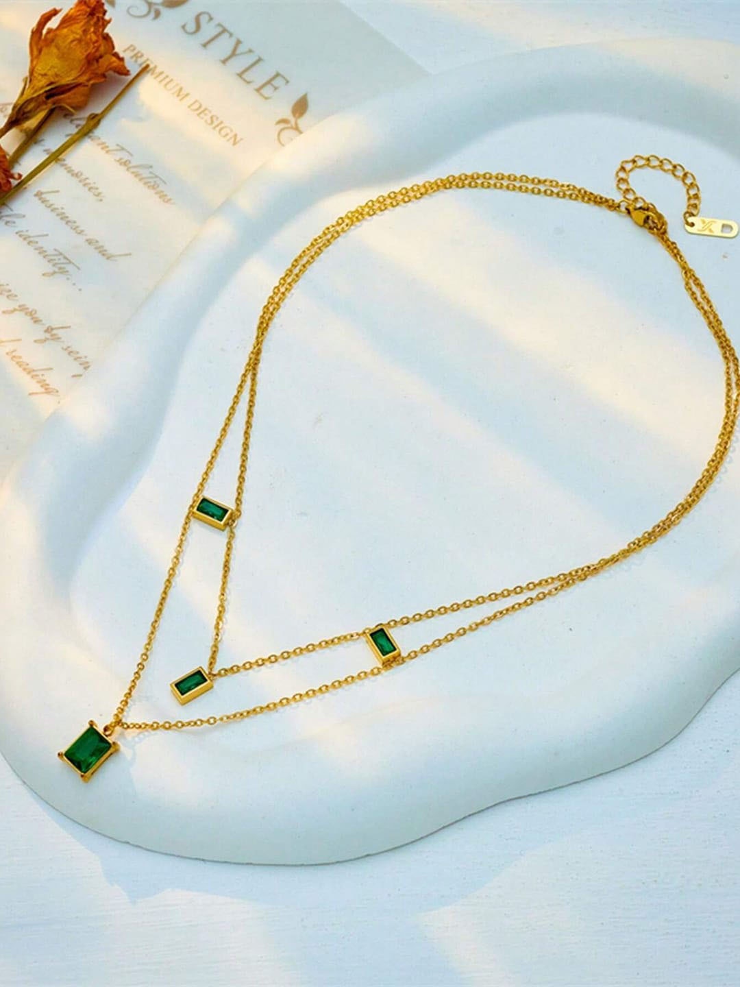 

VAGHBHATT Gold-Plated Stainless Steel Emerald-Studded Two-Layer Necklace