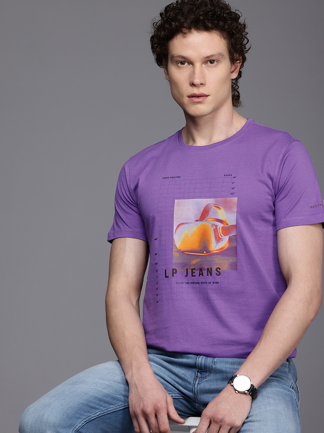 

Louis Philippe Jeans Graphic Printed Pure Cotton Slim Fit T-shirt, Purple