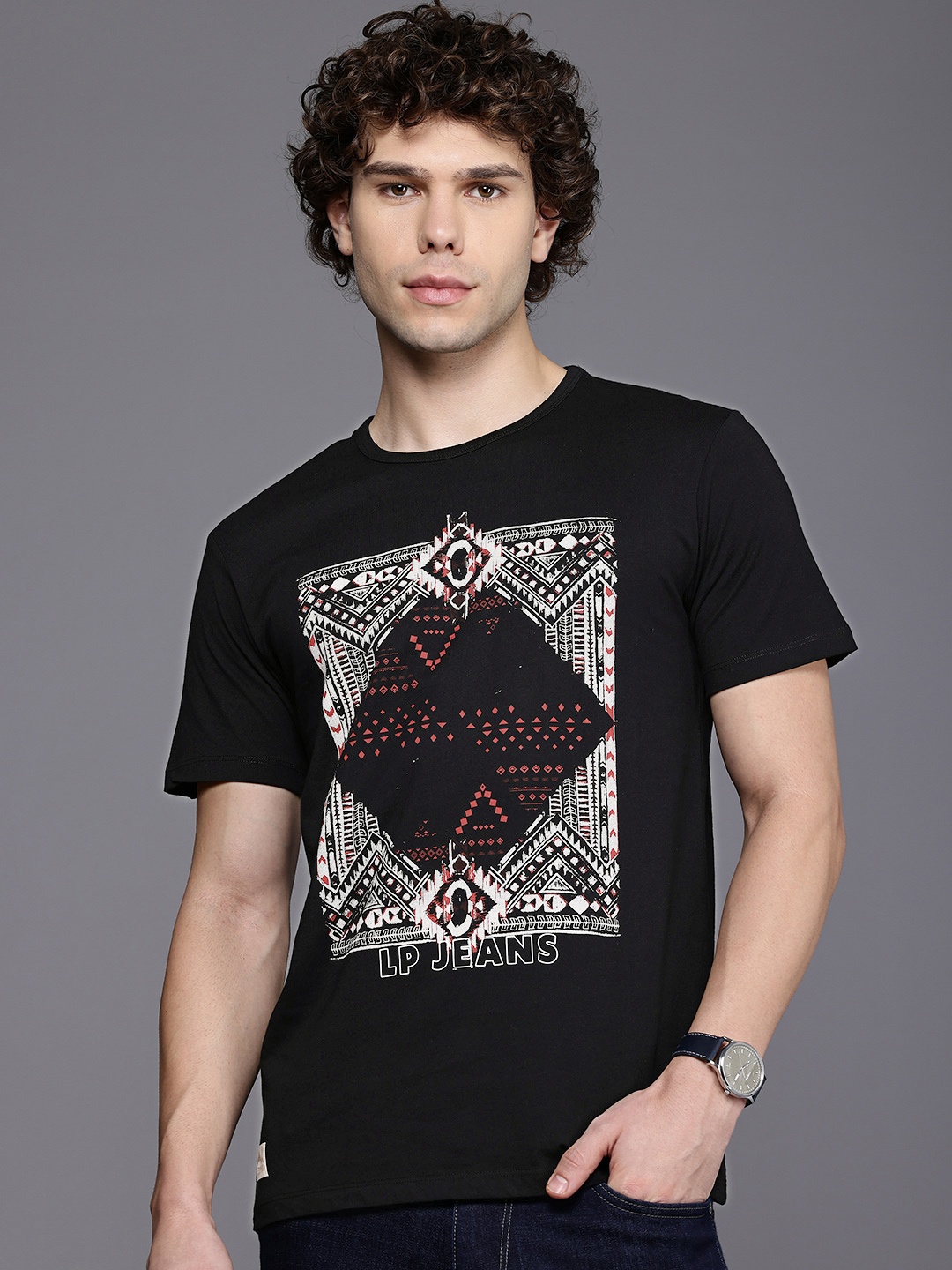 

Louis Philippe Jeans Printed Pure Cotton Slim Fit T-shirt, Black