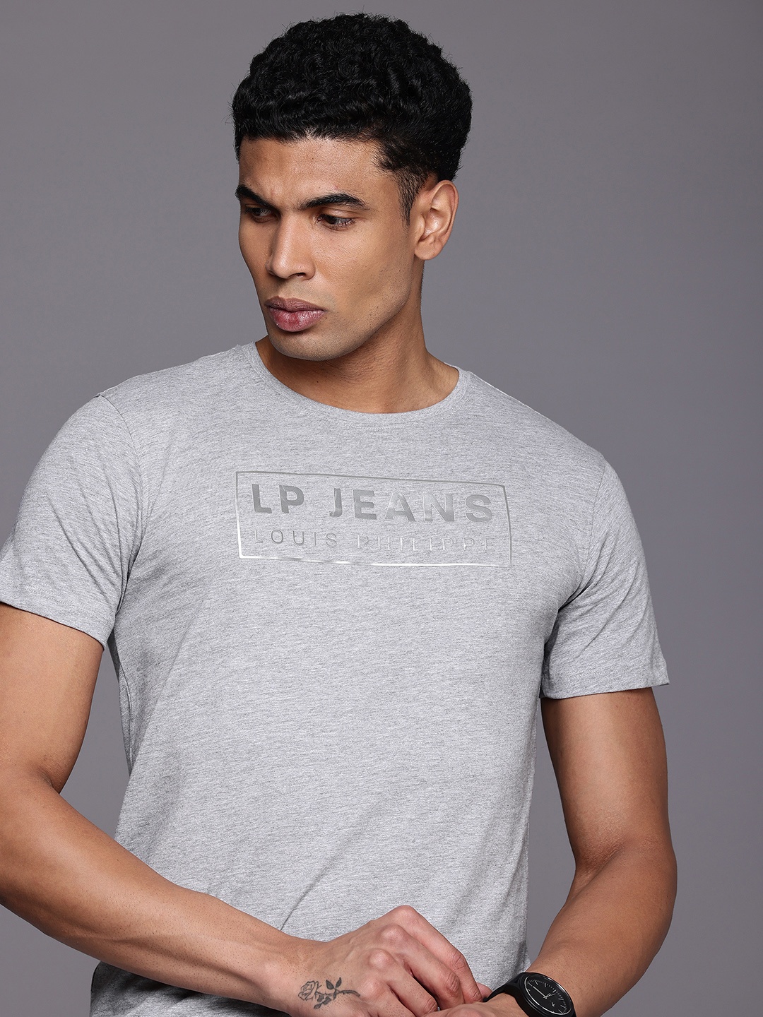 

Louis Philippe Jeans Typography Printed Slim Fit T-shirt, Grey melange