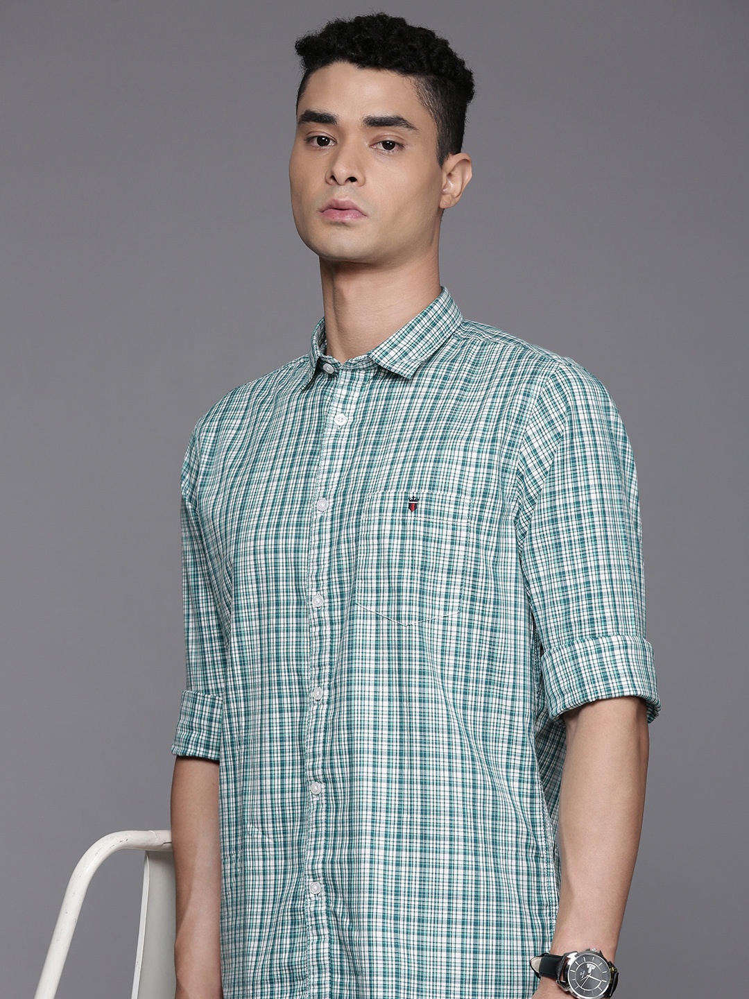 

Louis Philippe Jeans Pure Cotton Super Slim Fit Checked Casual Shirt, Green