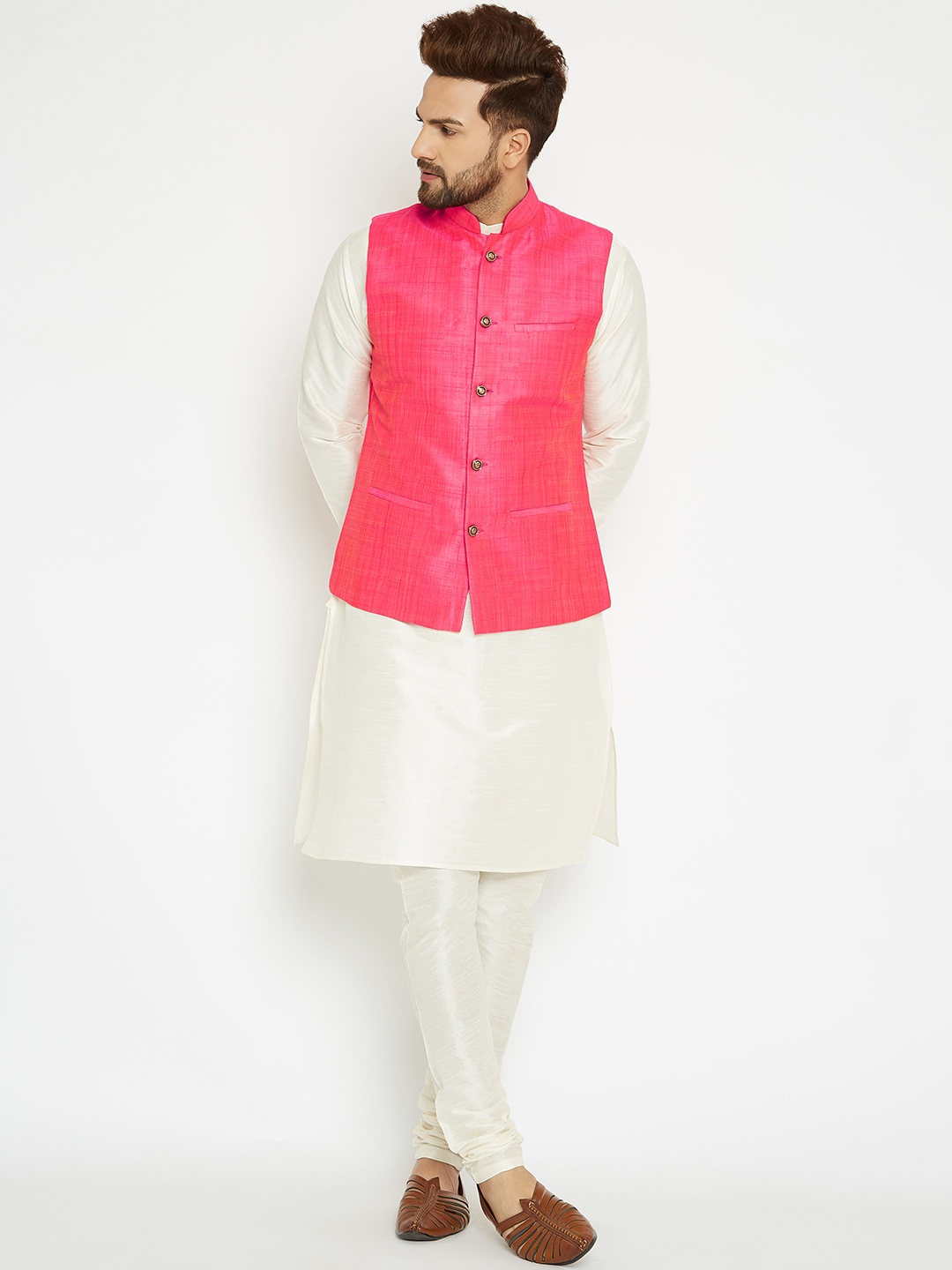 

SOJANYA Men Cream-Coloured & Pink Solid Kurta with Pyjamas & Nehru Jacket
