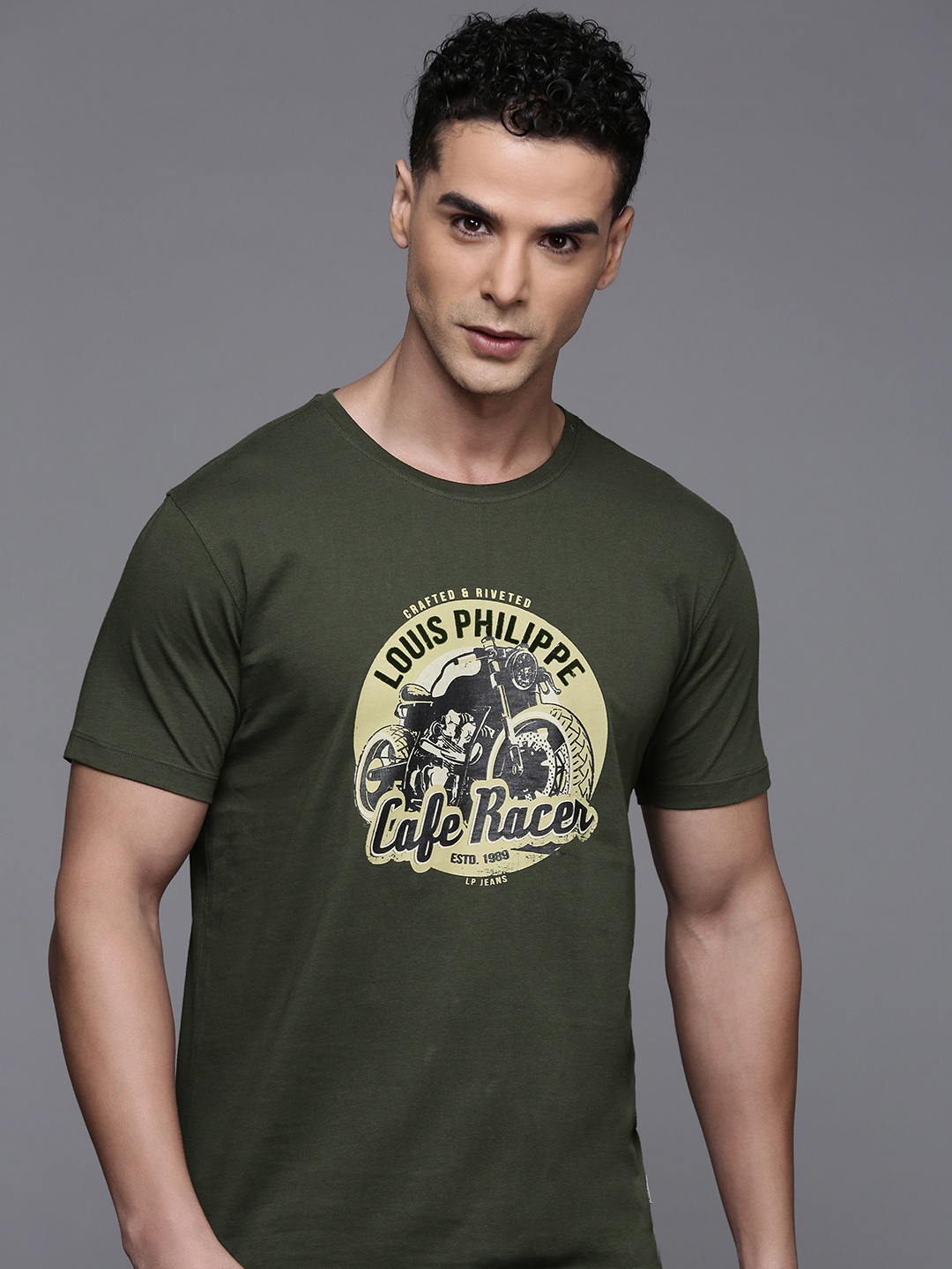 

Louis Philippe Jeans Biker Printed Pure Cotton Slim Fit T-shirt, Olive