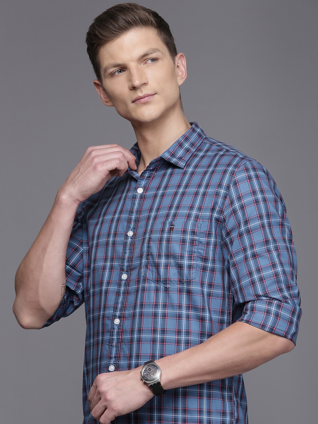 

Louis Philippe Jeans Men Super Slim Fit Tartan Checked Pure Cotton Casual Shirt, Blue