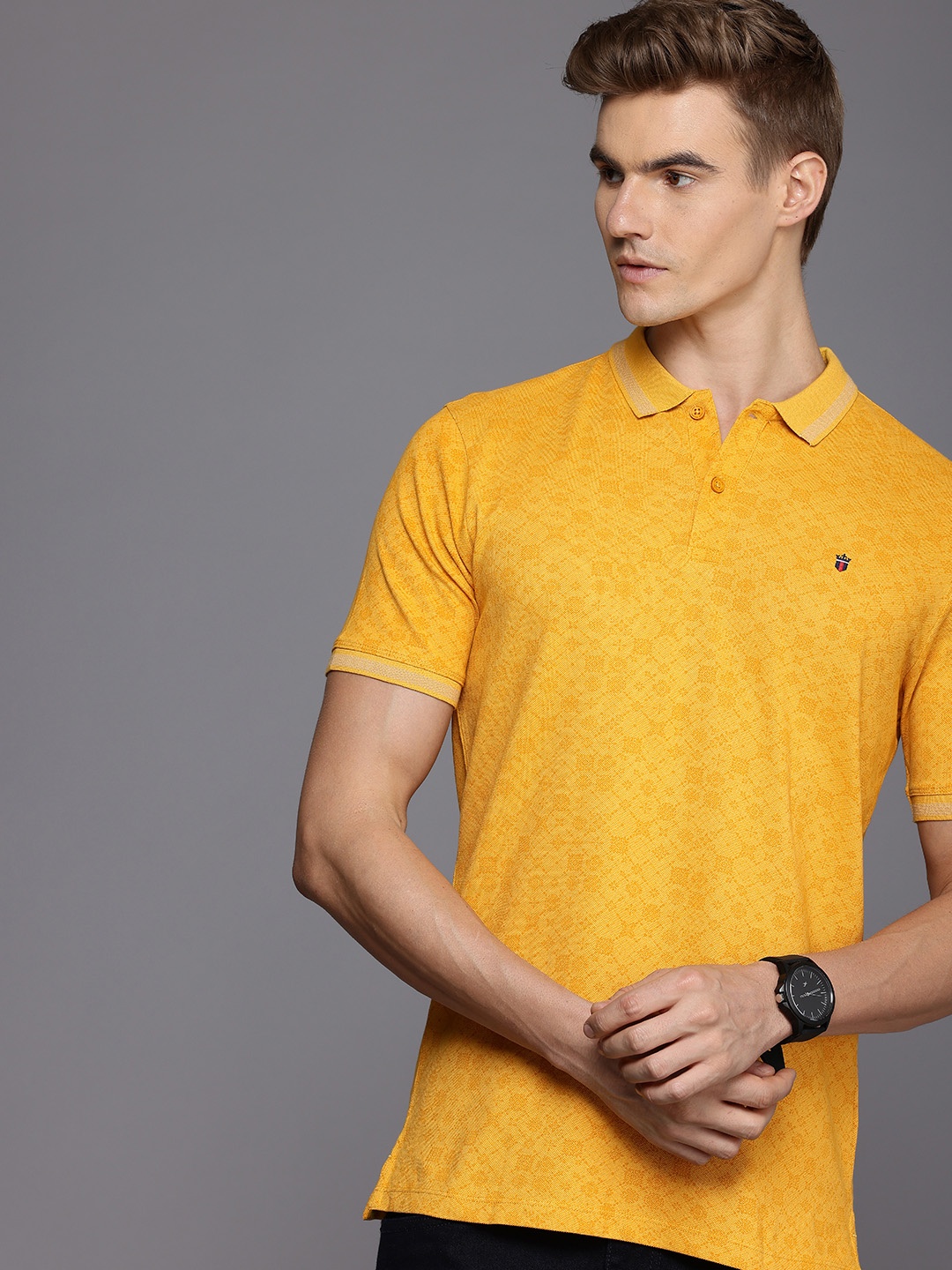 

Louis Philippe Jeans Printed Polo Collar Pure Cotton Slim Fit T-shirt, Yellow