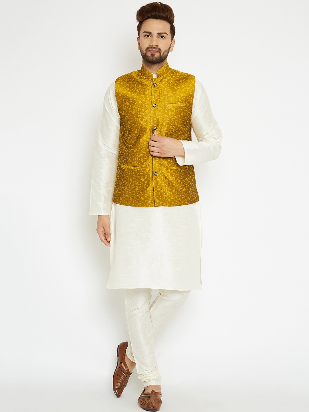 

SOJANYA Men Cream-Coloured & Mustard Solid Kurta Pyjamas with Nehru Jacket