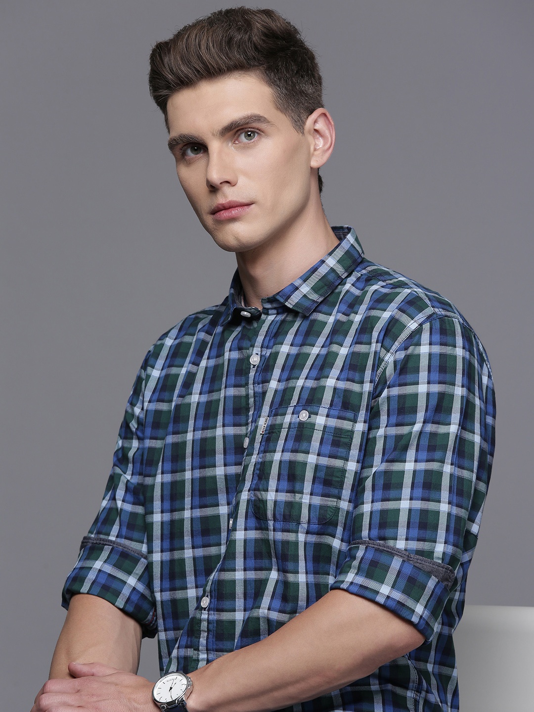 

Louis Philippe Jeans Pure Cotton Slim Fit Opaque Checked Casual Shirt, Navy blue