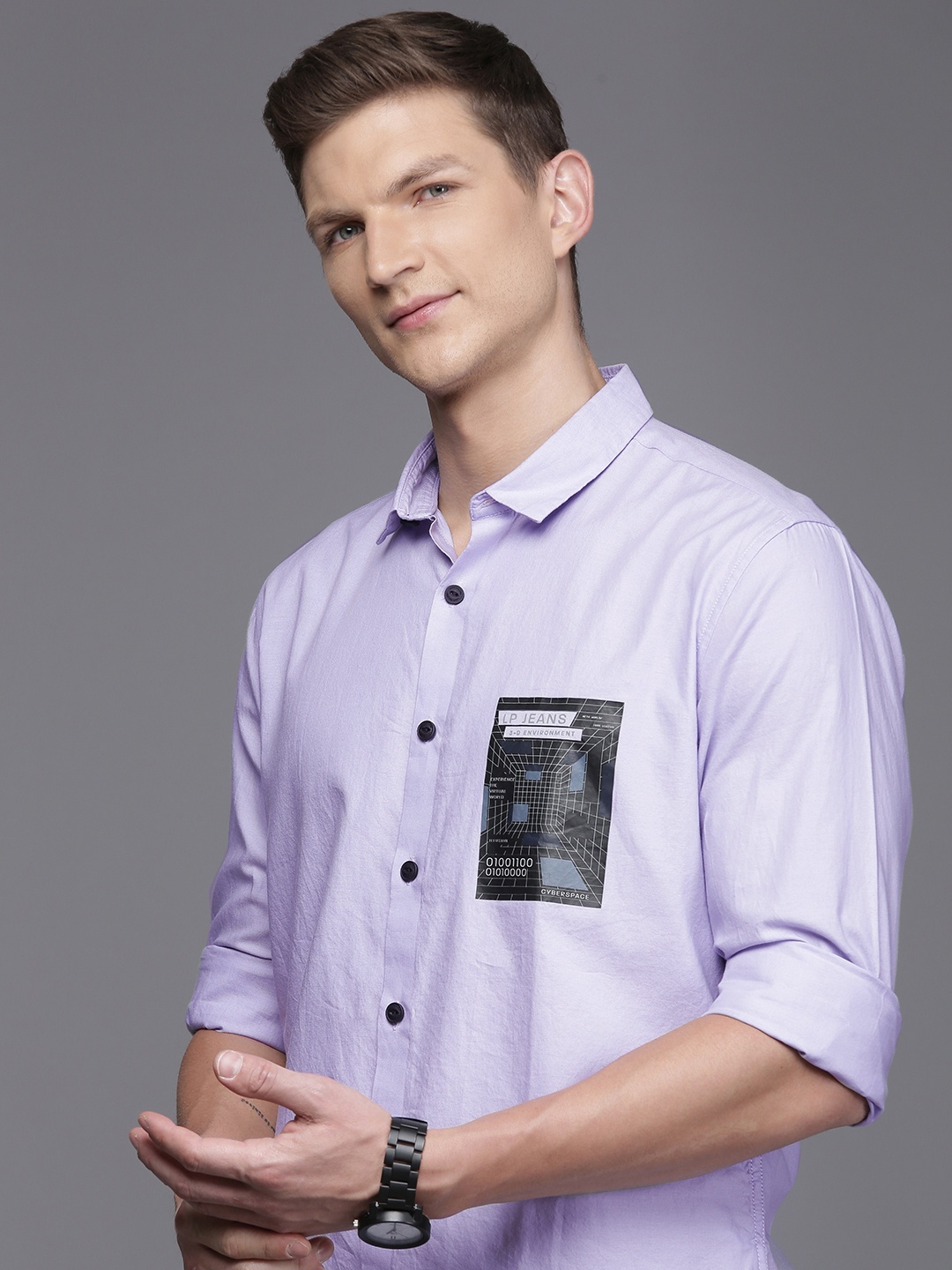 

Louis Philippe Jeans Men Slim Fit Placement Print Pure Cotton Casual Shirt, Lavender