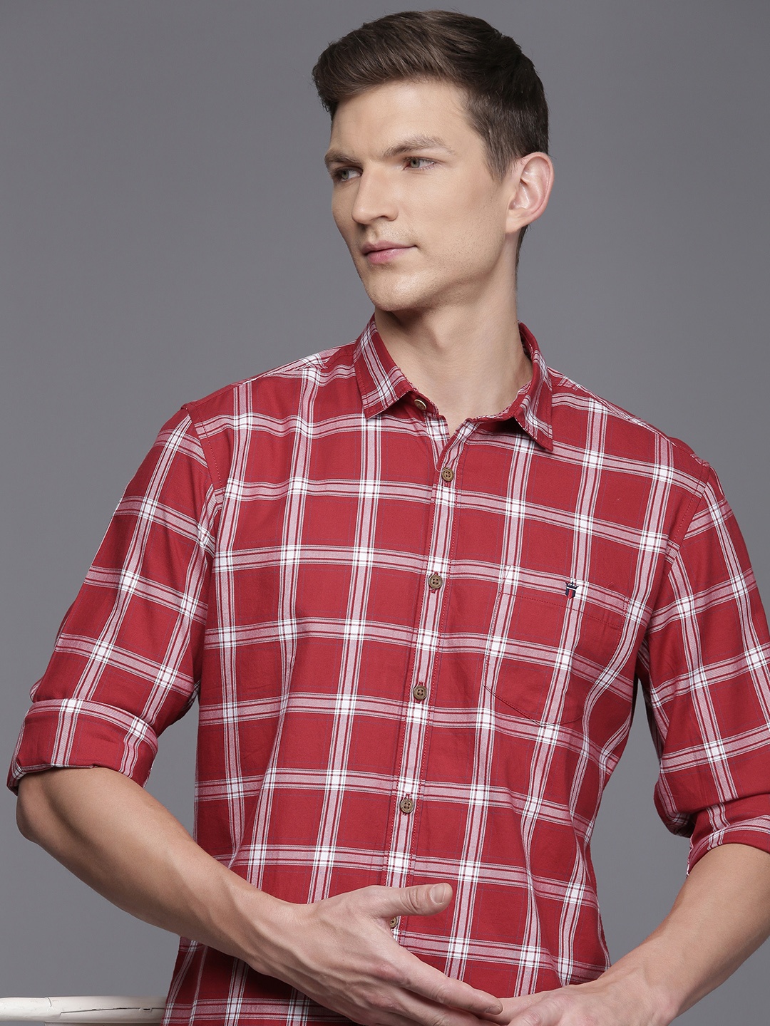 

Louis Philippe Jeans Men Slim Fit Tartan Checked Casual Shirt, Red