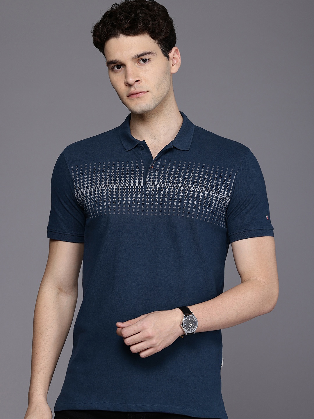 

Louis Philippe Jeans Geometric Printed Polo Collar Slim Fit T-shirt, Navy blue