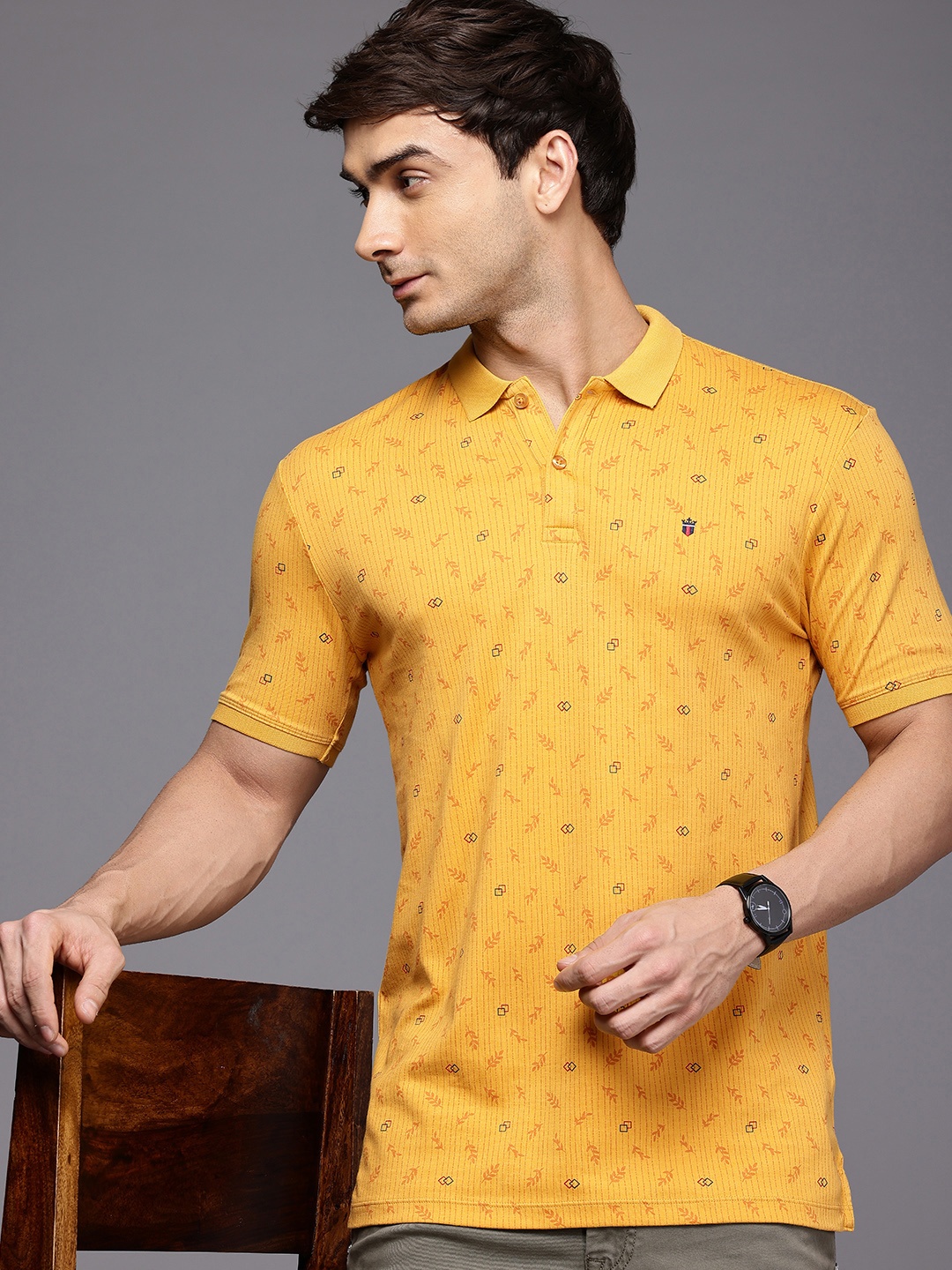 

Louis Philippe Jeans Tropical Printed Polo Collar Pure Cotton Slim Fit T-shirt, Yellow