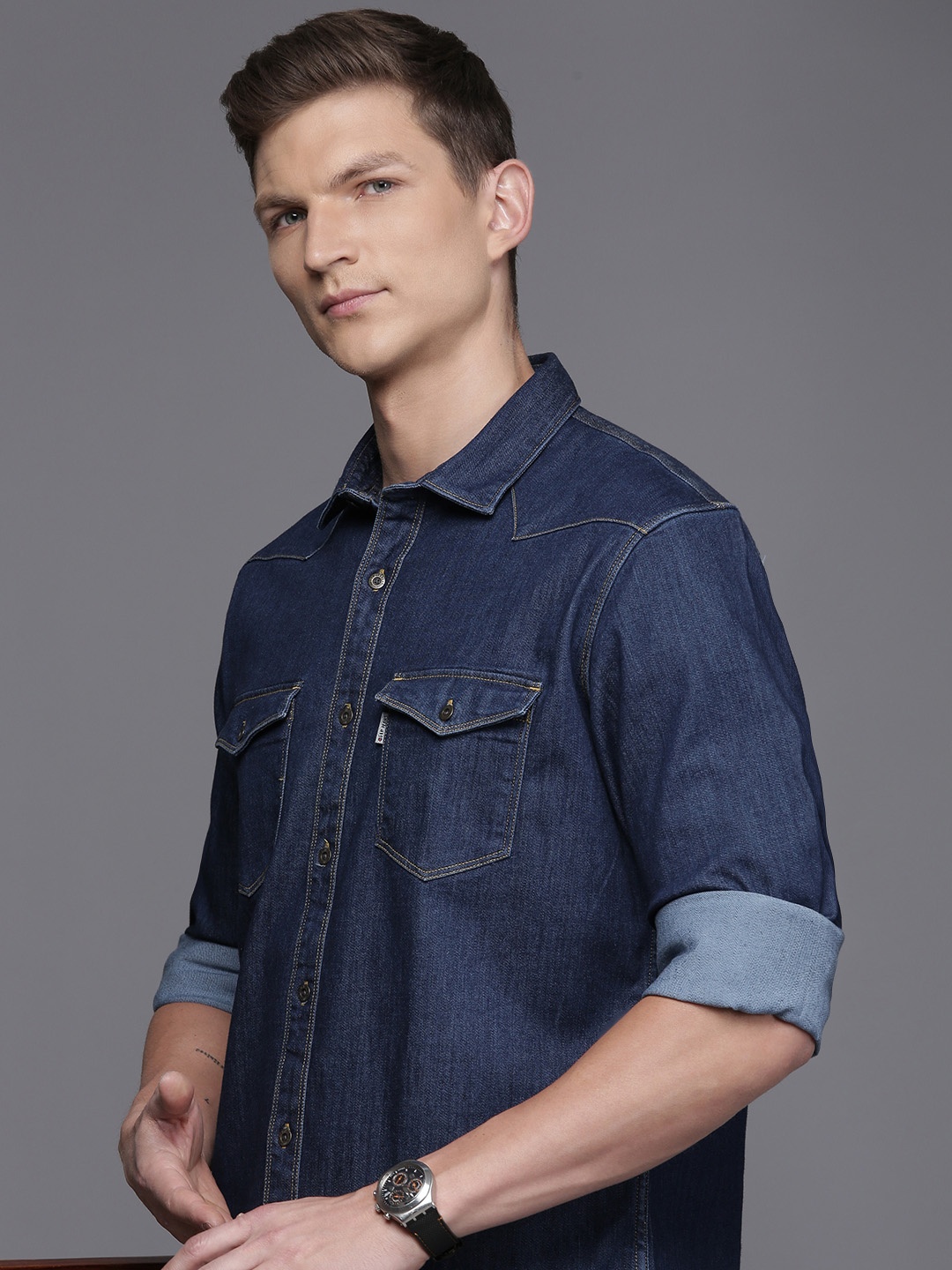 

Louis Philippe Jeans Men Slim Fit Denim Casual Shirt, Navy blue