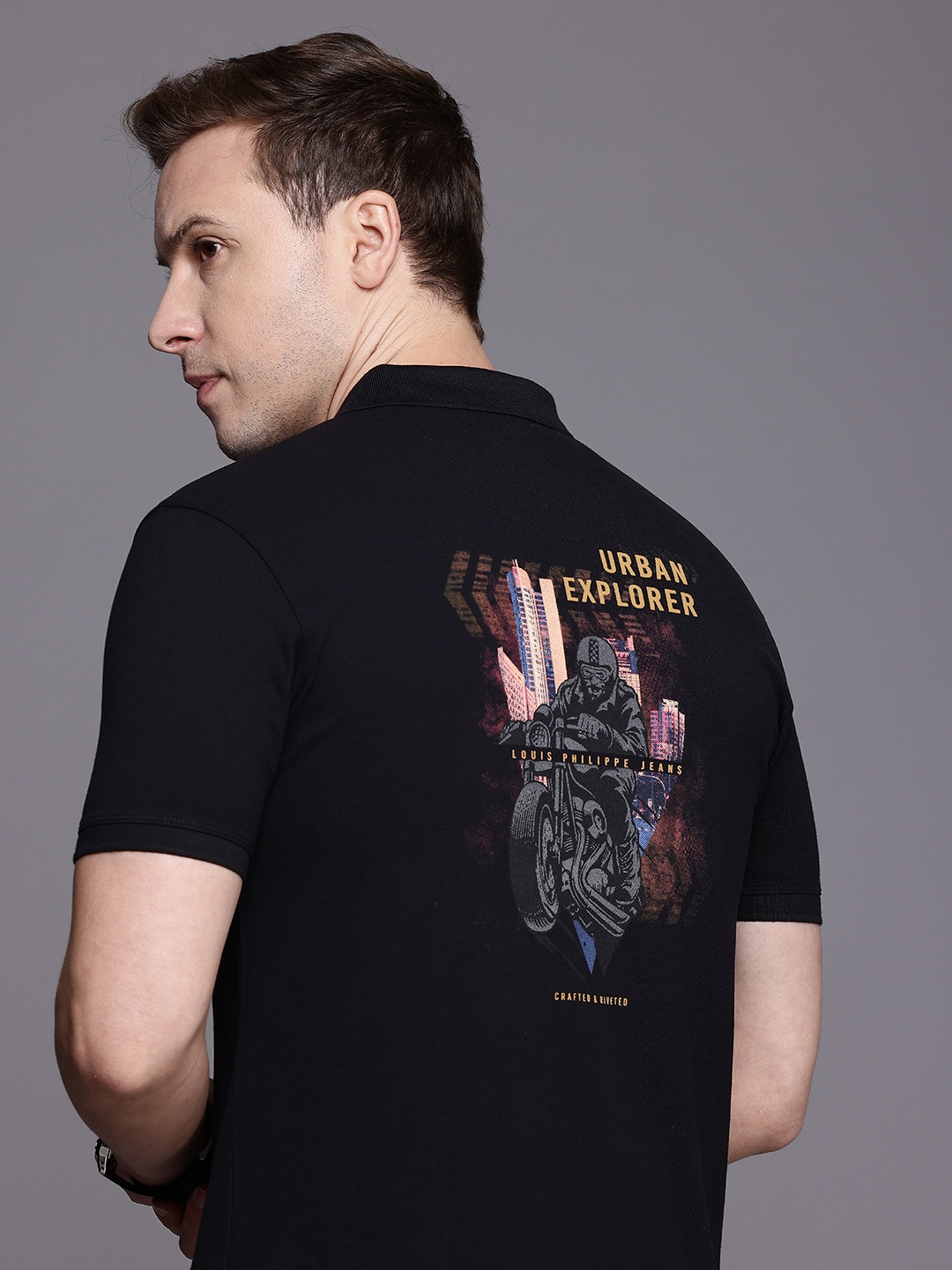 

Louis Philippe Jeans Printed Polo Collar Pure Cotton Slim Fit T-shirt, Black