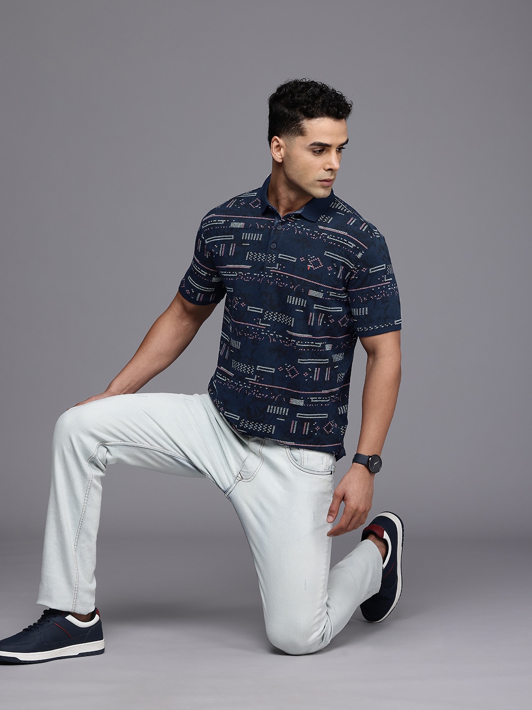

Louis Philippe Jeans Printed Polo Collar Pure Cotton Slim Fit T-shirt, Navy blue
