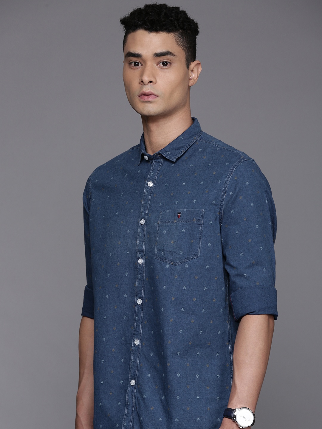 

Louis Philippe Jeans Pure Cotton Slim Fit Opaque Printed Casual Shirt, Navy blue