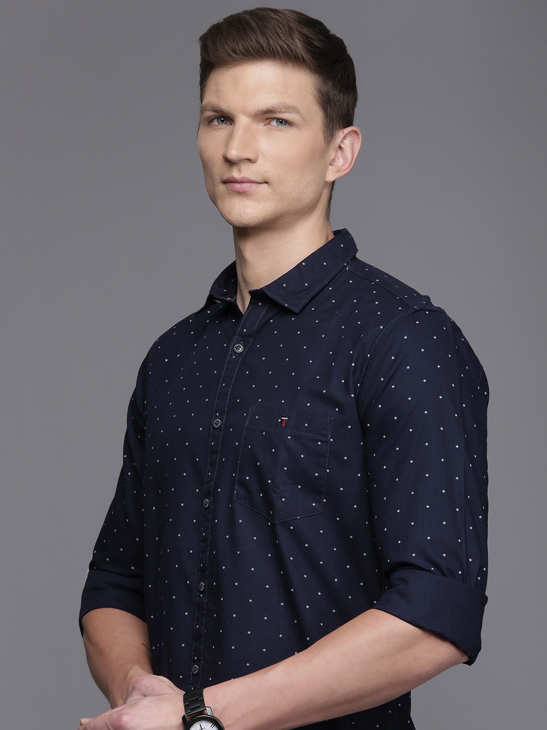 

Louis Philippe Jeans Super Slim Fit Printed Pure Cotton Casual Shirt, Navy blue