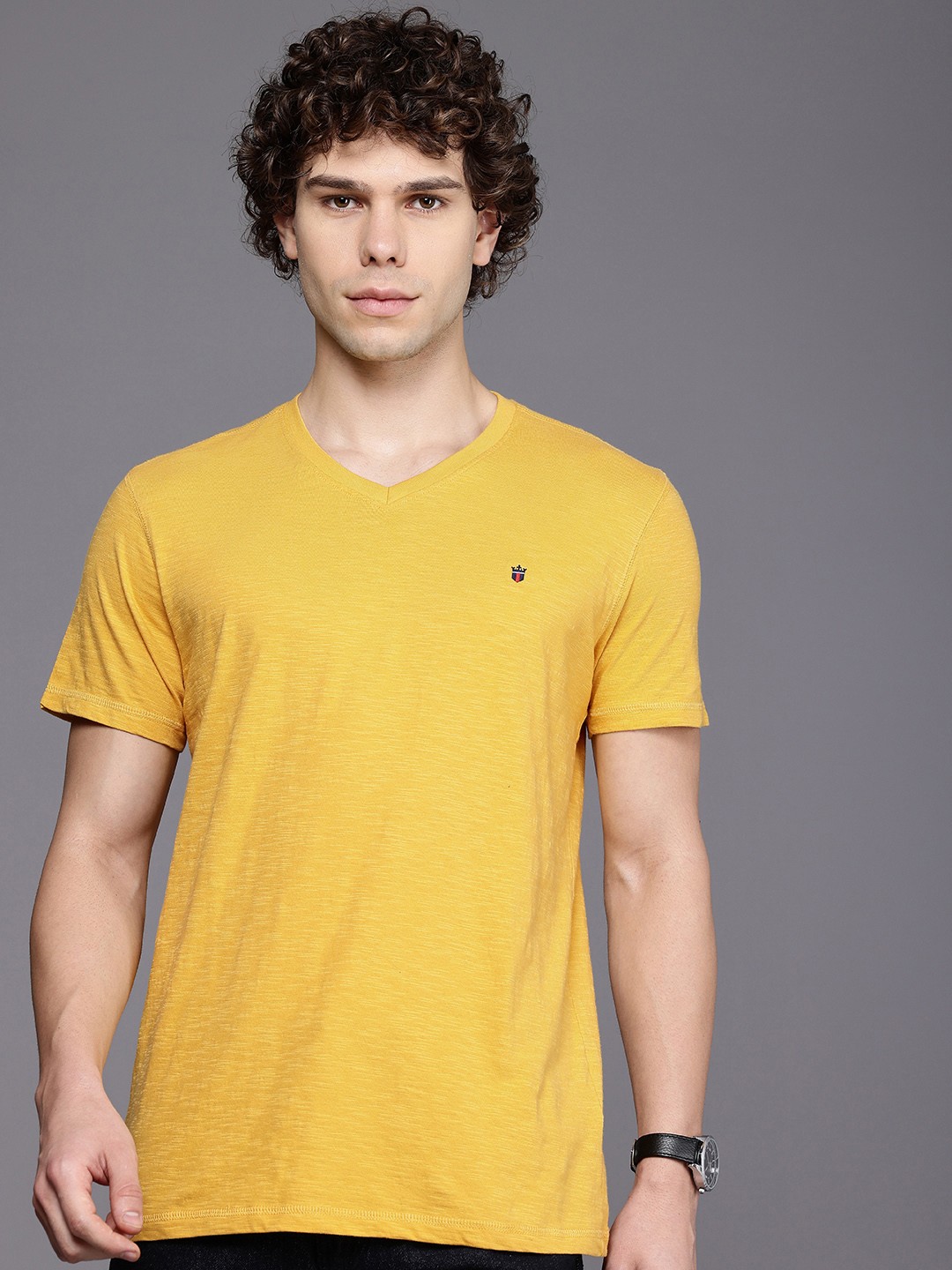 

Louis Philippe Jeans V-Neck Pure Cotton Slub Effect Slim Fit T-shirt, Yellow