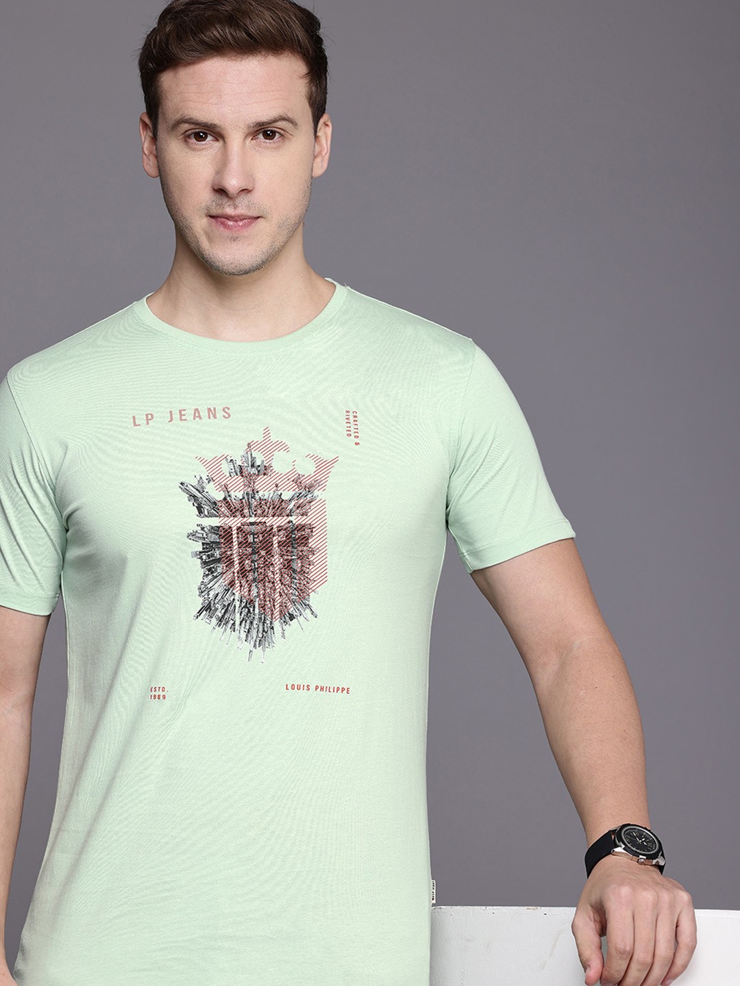 

Louis Philippe Jeans Printed Pure Cotton Slim Fit T-shirt, Green