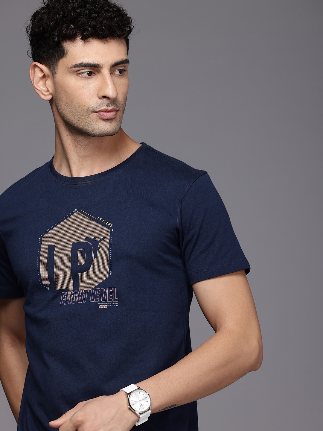 

Louis Philippe Jeans Men Brand Logo Printed Slim Fit Pure Cotton T-shirt, Navy blue
