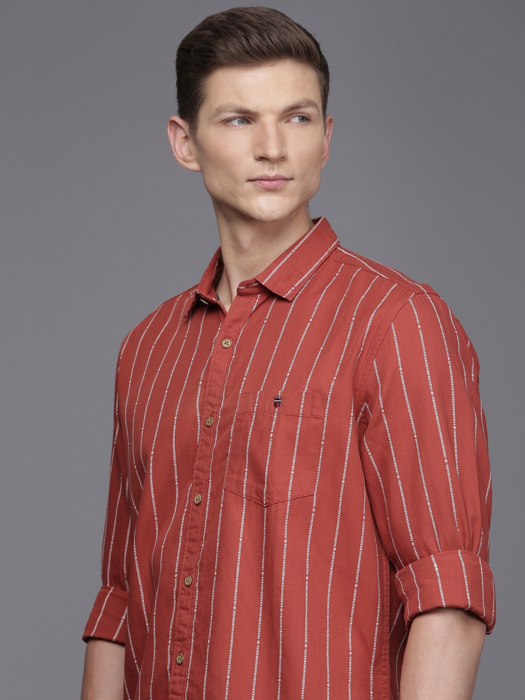 

Louis Philippe Jeans Slim Fit Striped Pure Cotton Casual Shirt, Rust